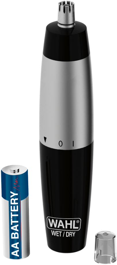 Ein schwarz-silberner Wahl Nasenhaartrimester mit einer AA-Batterie und einer transparenten Kappe.