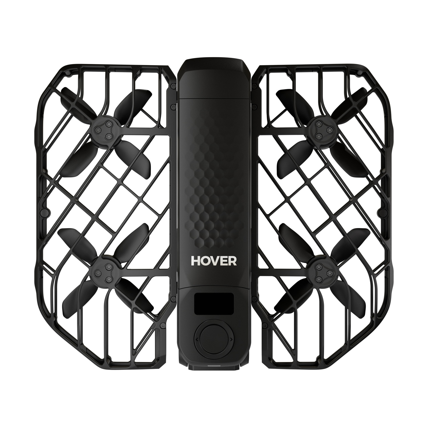 Drone Hover nero visto dall'alto, con quattro eliche in gabbie protettive e un logo bianco.
