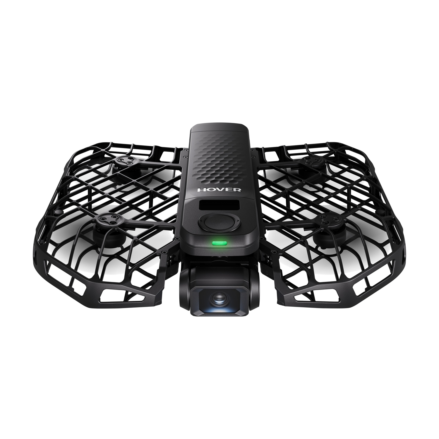 Un drone Hover nero con un sistema di telecamera integrato e grandi protezioni su sfondo bianco.