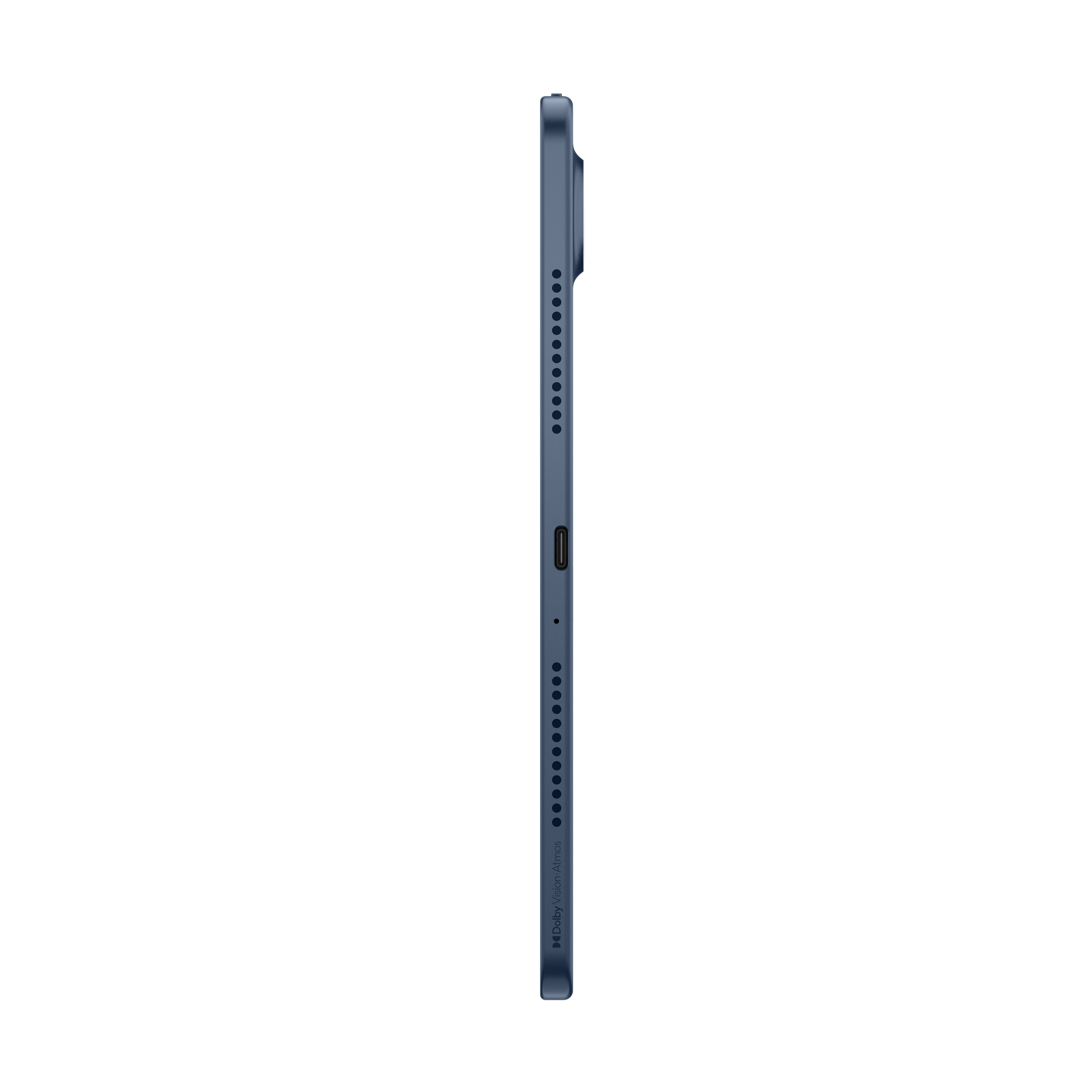 Seitenansicht eines blauen Tablets auf schwarzem Hintergrund mit Anschlüssen und Lautsprechern.
