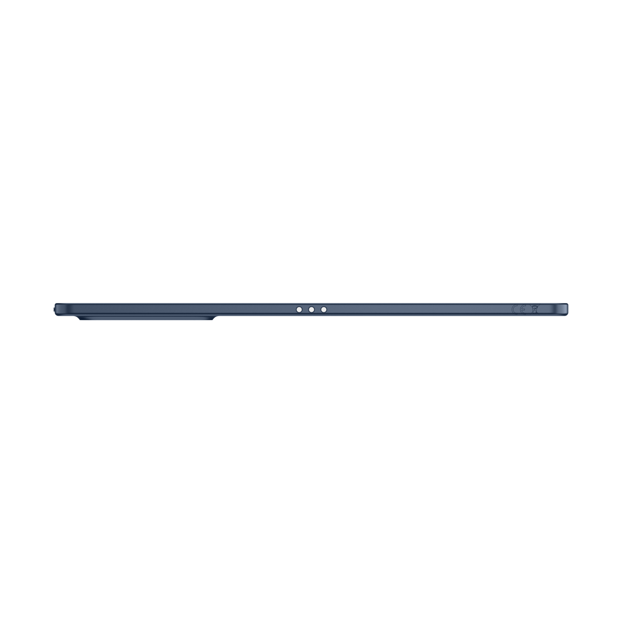 Dunkelblaues Tablet im Querformat, von der Seite gezeigt, mit drei kleinen Punkten in der Mitte.