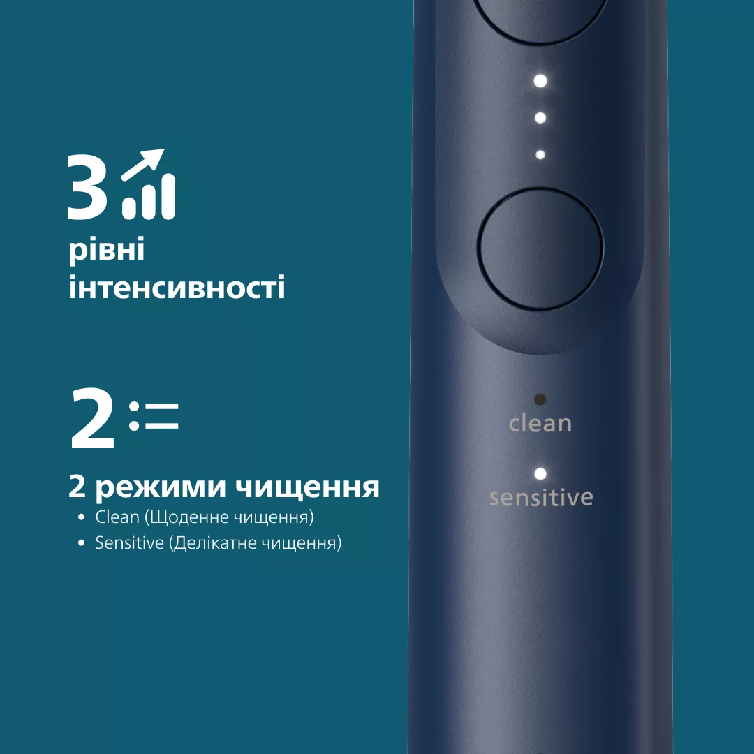 Ein blauer elektrischer Zahnbürstengriff mit Tasten und Kontrollleuchten, links ukrainischer Text.