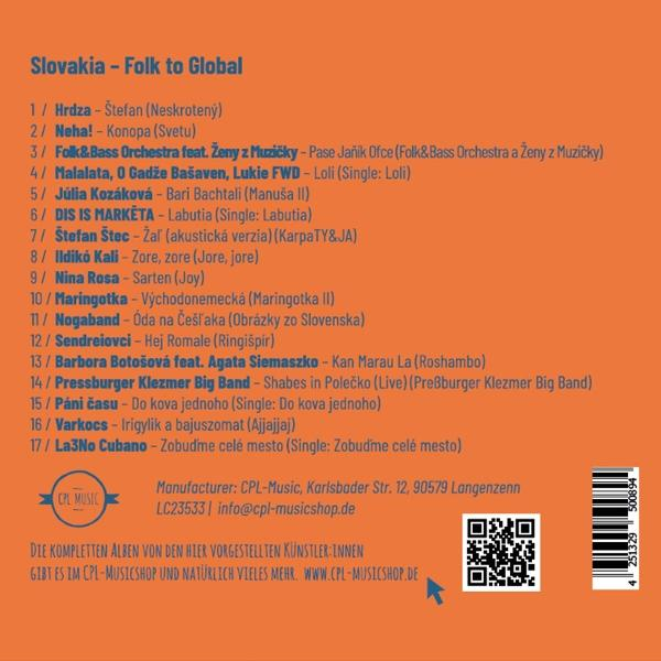 Orangener Hintergrund mit blauer Schrift und Trackliste einer Musik-CD namens Slovakia - Folk to Global.