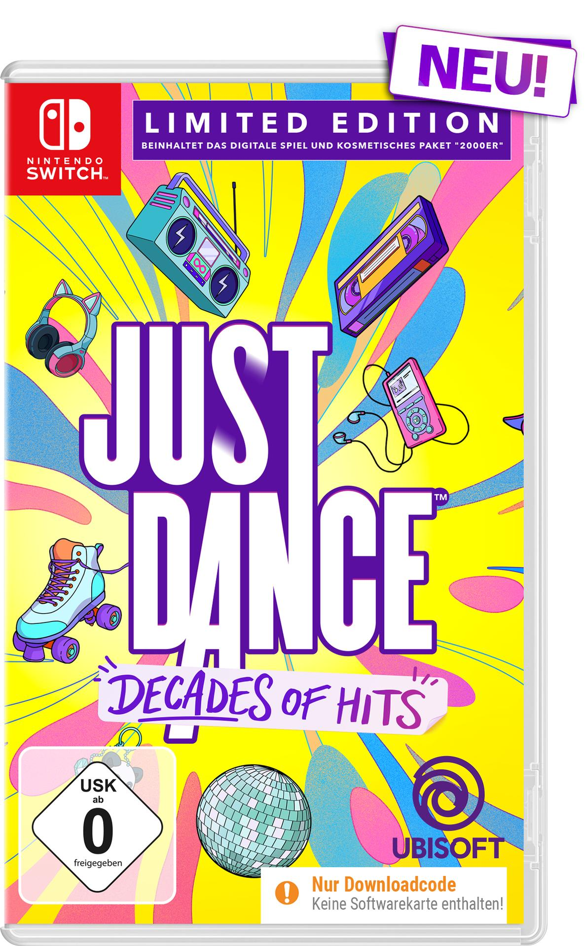 Just Dance Decades of Hits Cover für Nintendo Switch mit bunten Retro-Elementen vor gelbem Hintergrund.