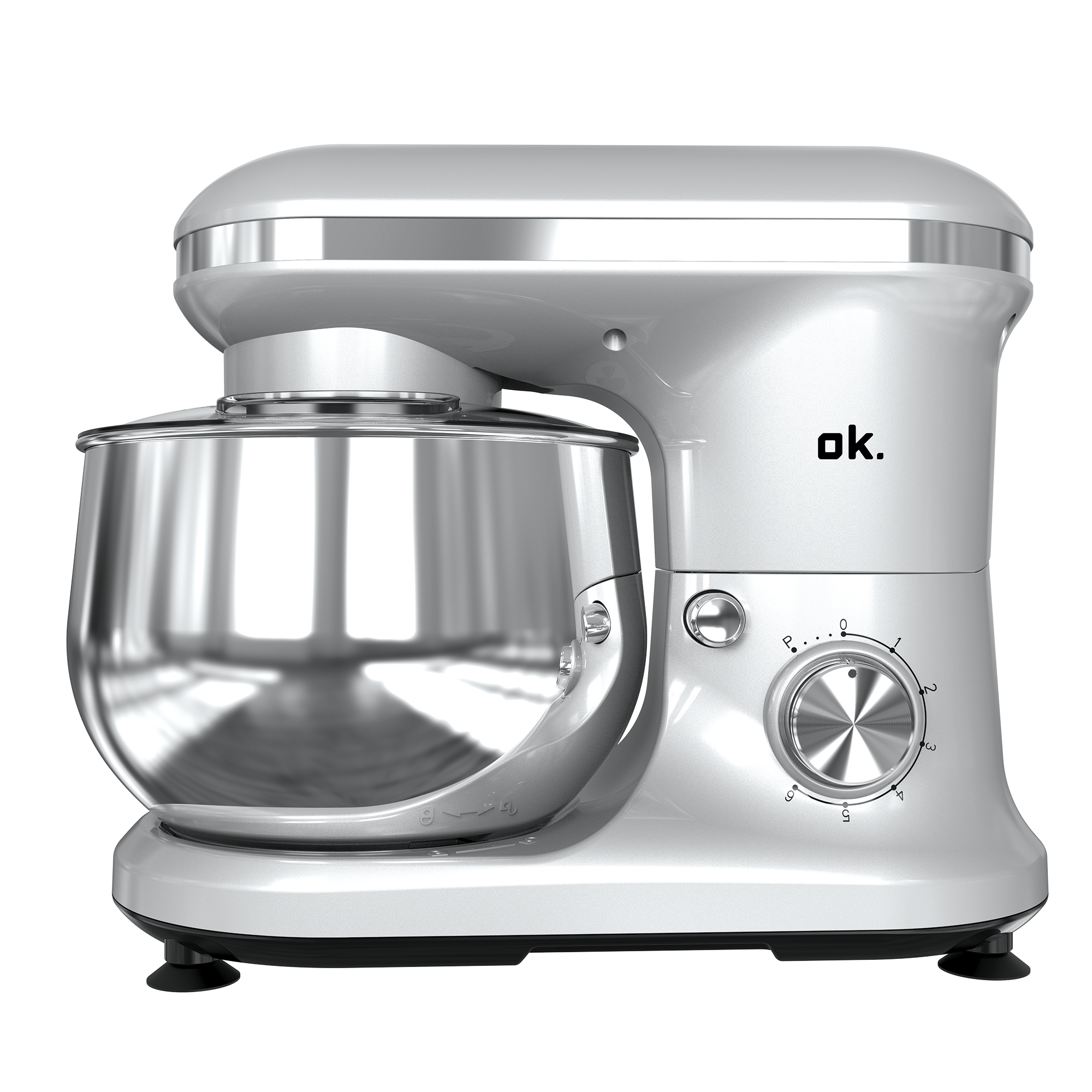 Glänzende silberne Standmixer mit Edelstahl-Schüssel auf schwarzem Hintergrund.