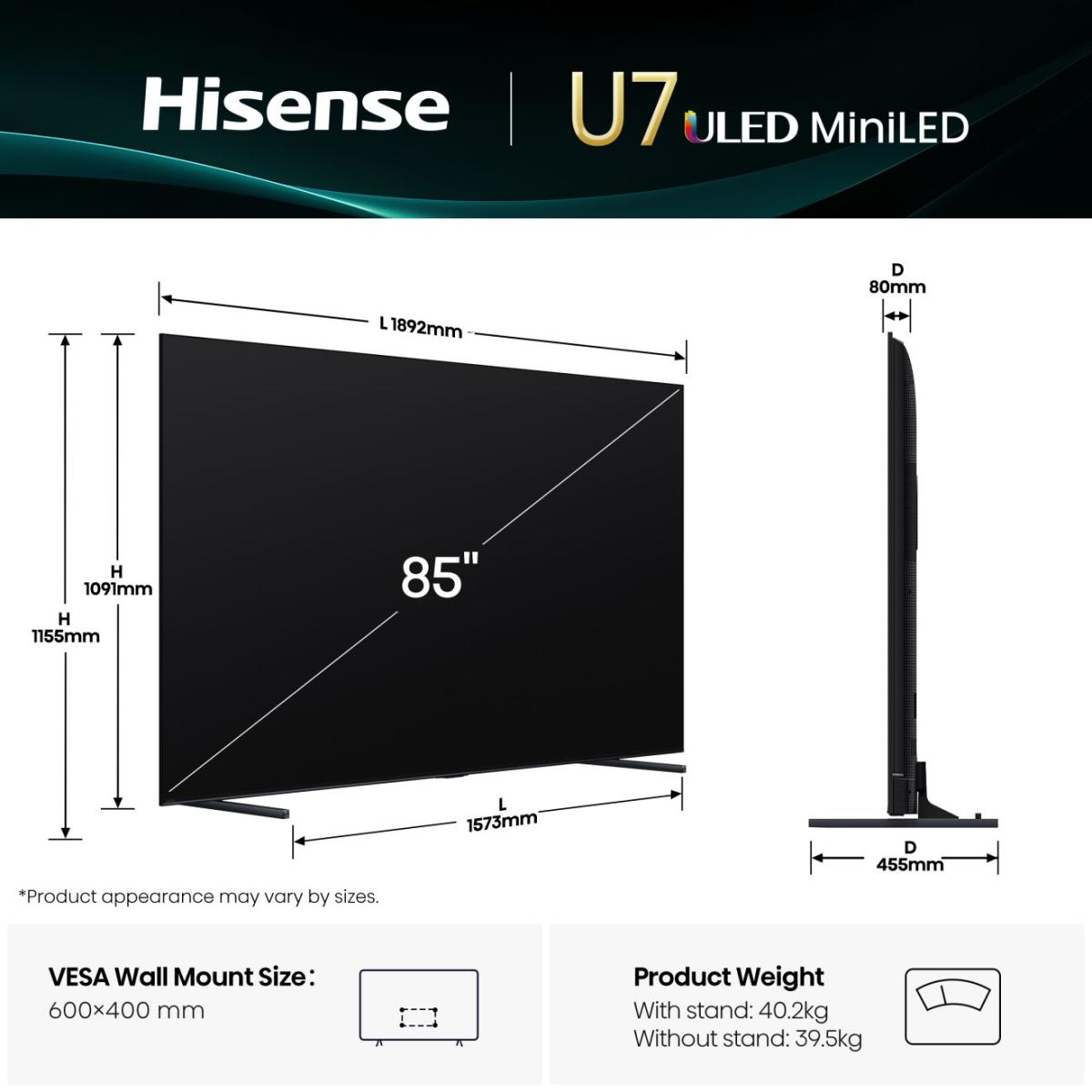 Rysunek techniczny i wymiary 85-calowego telewizora Hisense U7 ULED MiniLED z rozmiarem VESA.