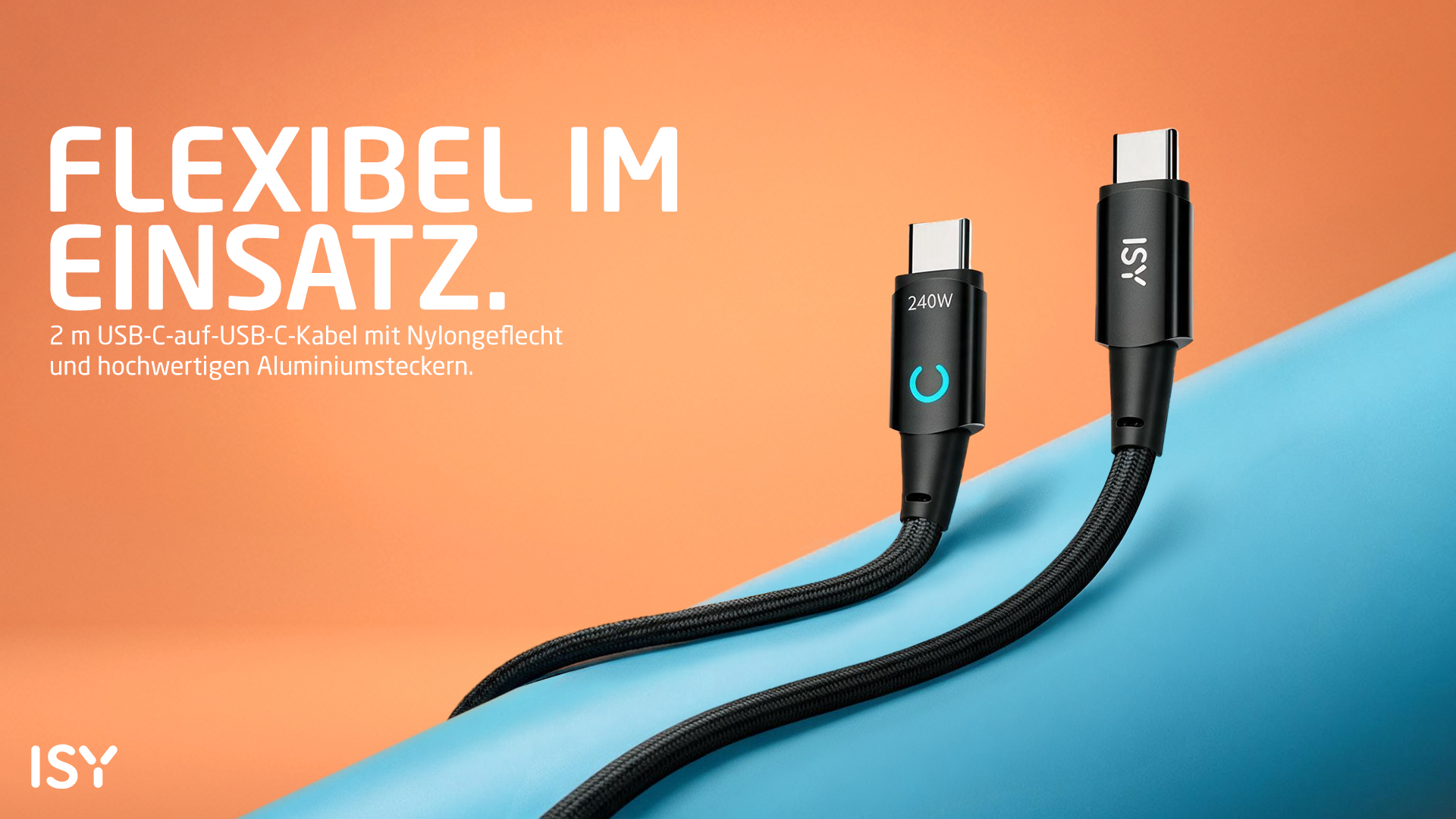 Zwei schwarze USB-C-Kabel mit Aluminiumsteckern auf blauem und orangefarbenem Hintergrund.