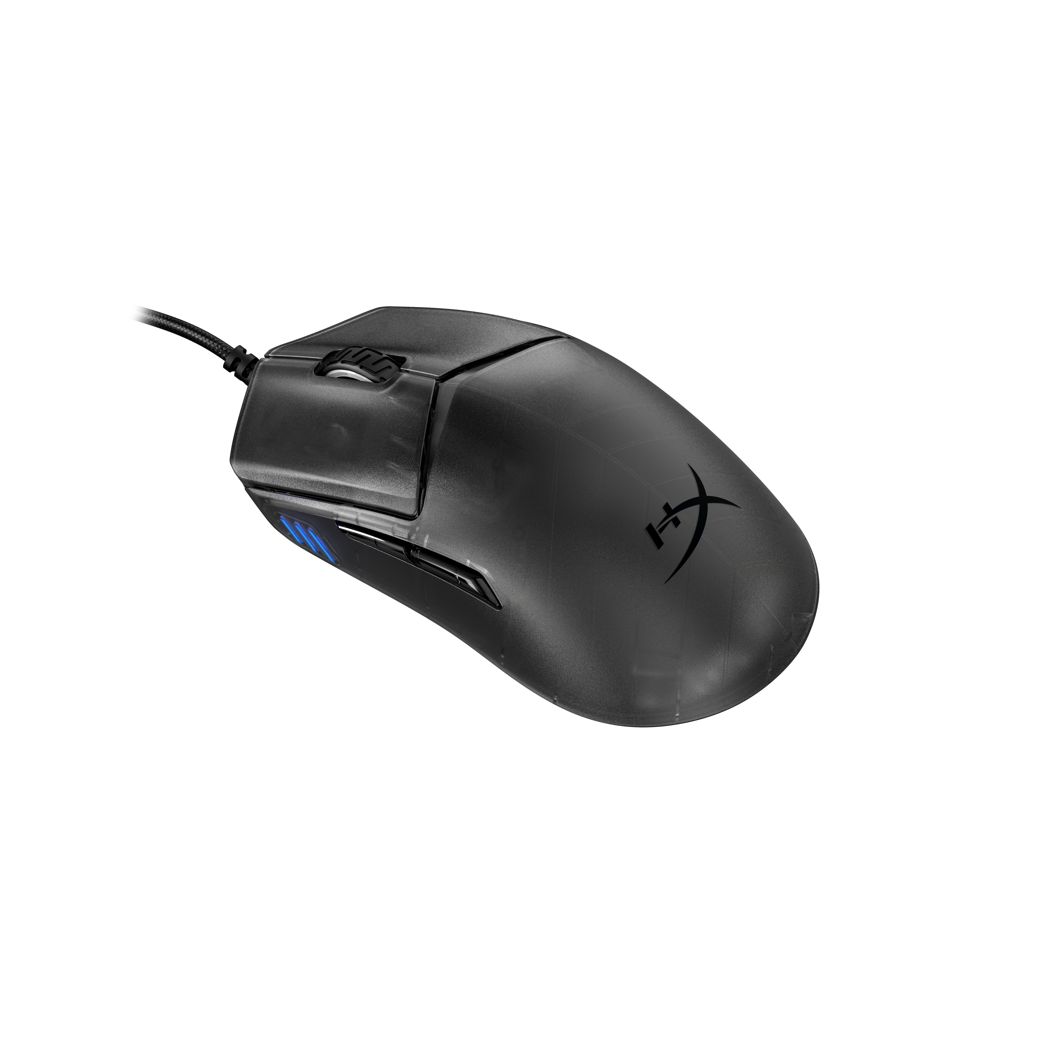 Schwarze, kaburgebundene Gaming-Maus mit blauen Leuchtakzenten und Markenlogo vor schwarzem Hintergrund.