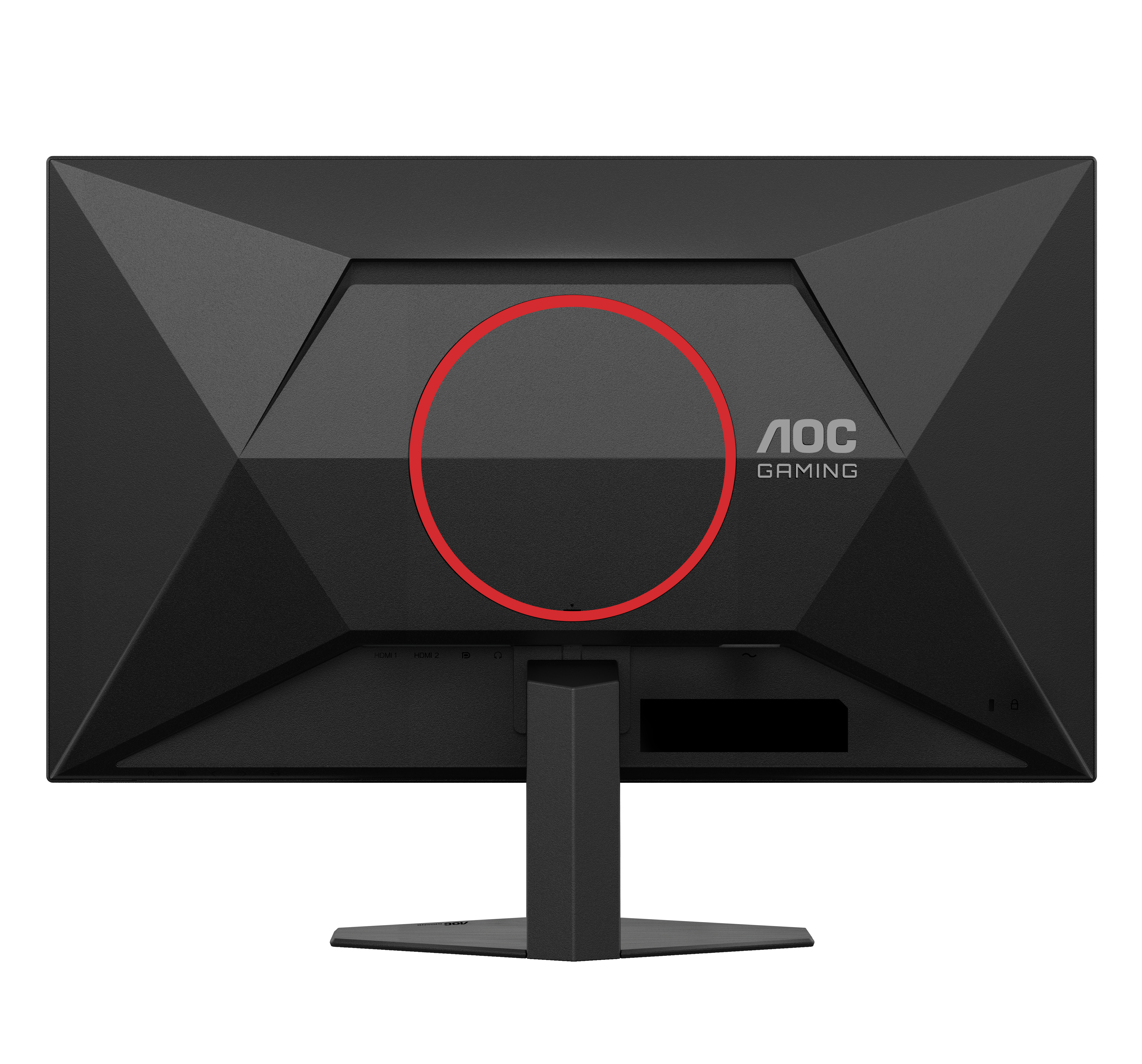 Rückansicht eines schwarzen AOC Gaming-Monitors mit rotem Kreisdesign und Markenlogo.