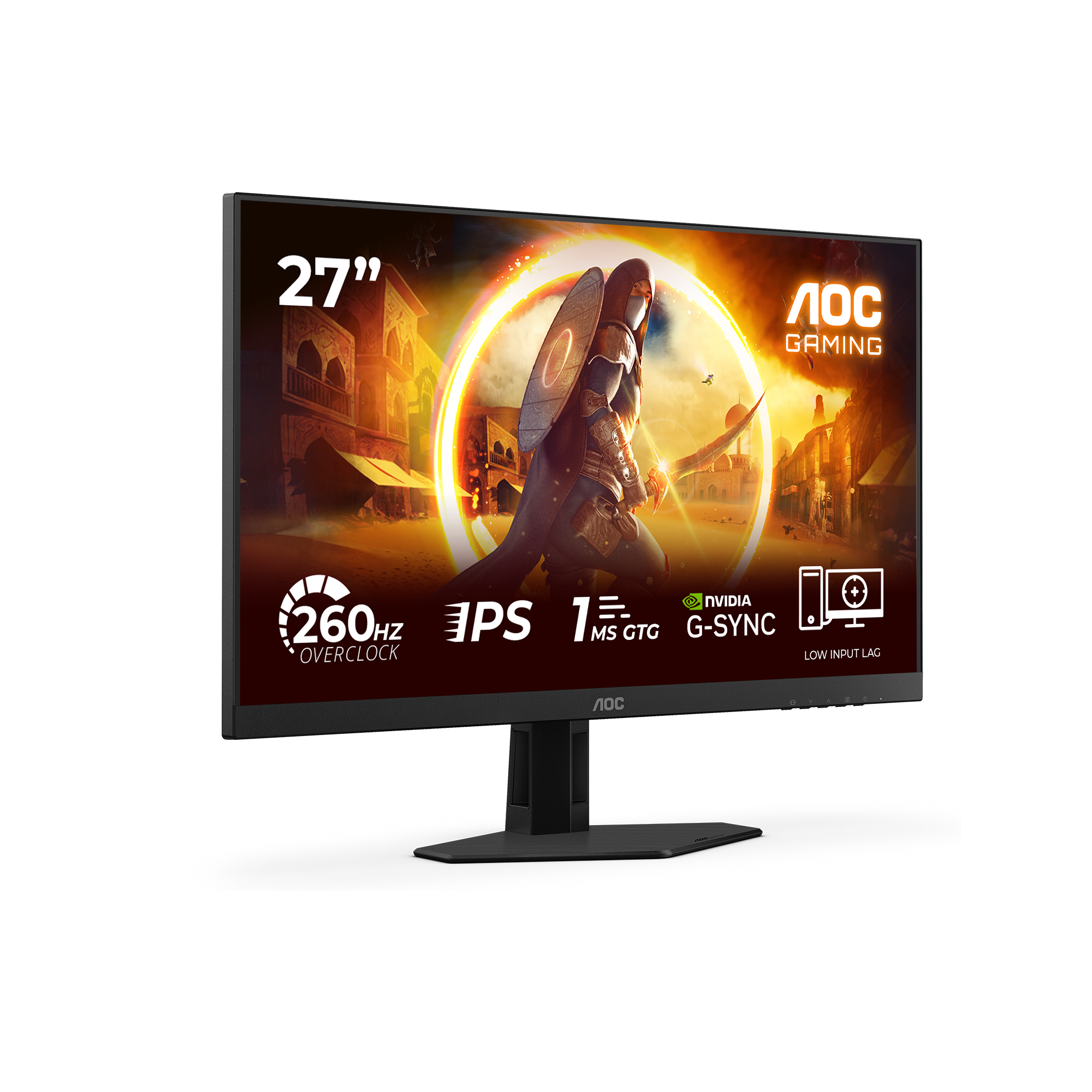 AOC 27-Zoll-Gaming-Monitor mit einer fantastischen Fantasy-Szene und technischen Spezifikationen auf dem Bildschirm.