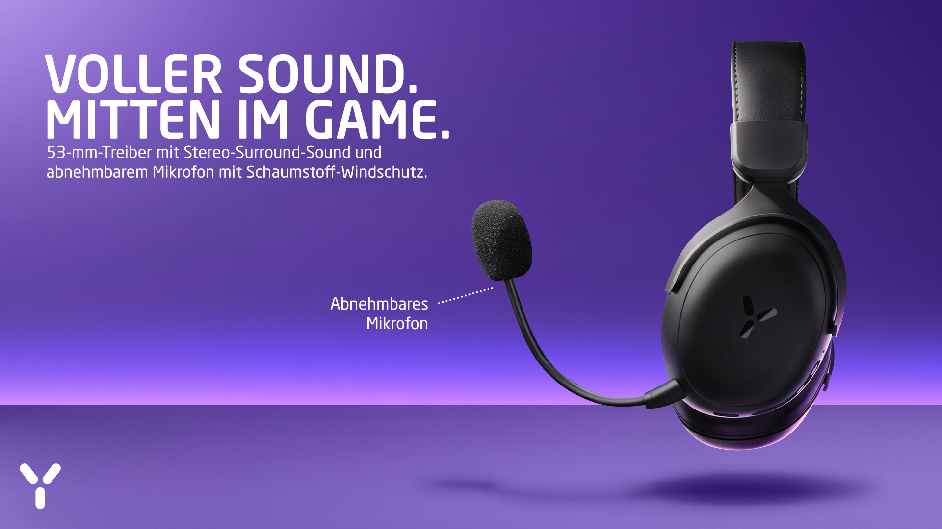 Schwarzes Gaming-Headset mit abnehmbarem Mikrofon vor violettem Hintergrund mit deutschem Text.