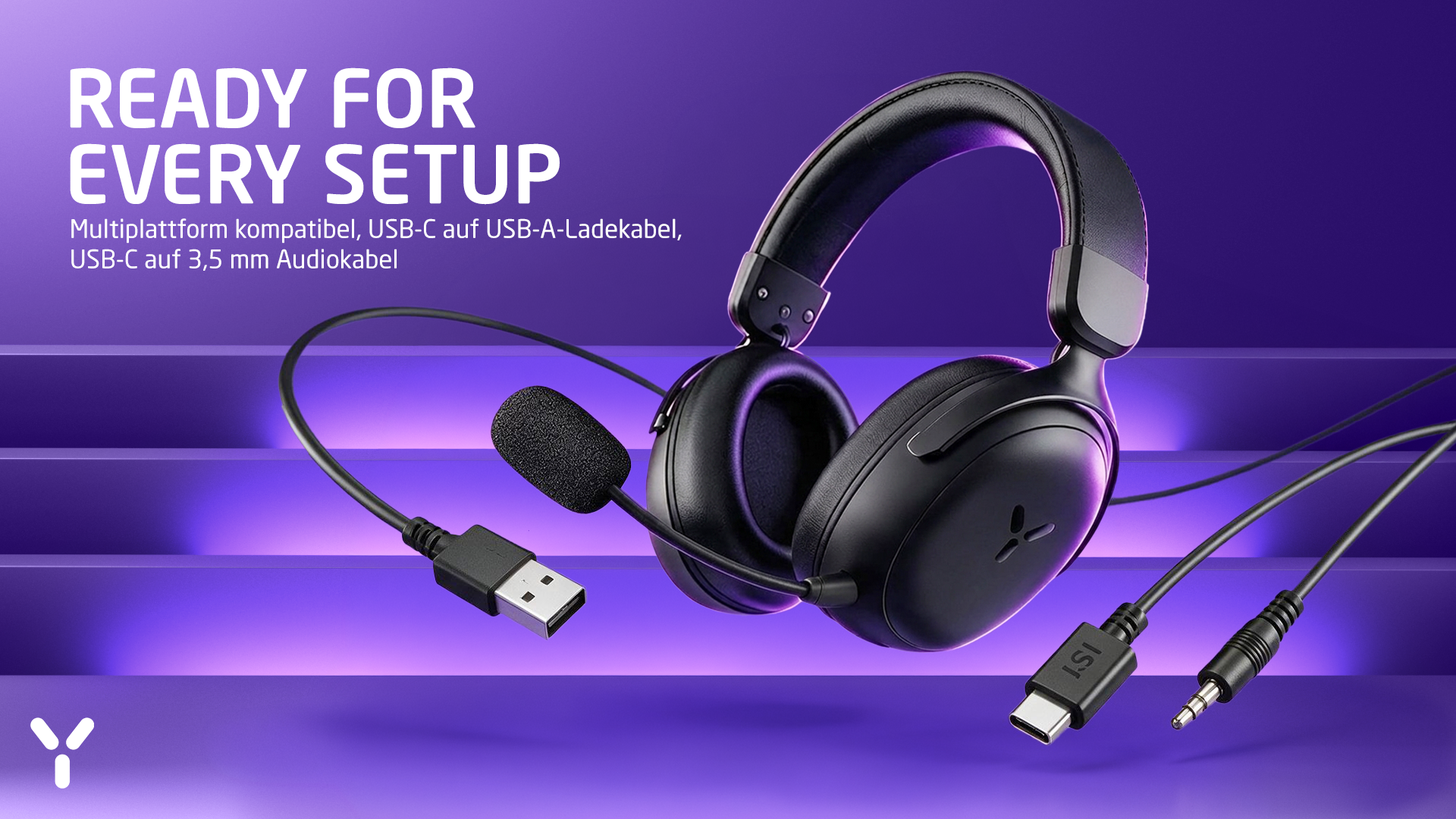 Schwarzes Gaming-Headset mit Mikrofon und Kabeln vor lila Hintergrund mit Text.