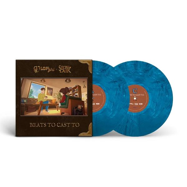 Albumcover mit Anime-Szene und zwei blaue, marmorierte Vinyl-Schallplatten.