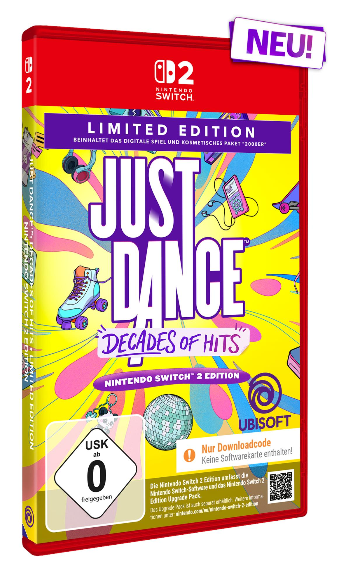 Spielhülle von Just Dance Decades of Hits für Nintendo Switch 2, gelbes Design mit Retro-Motiven und USK 0.