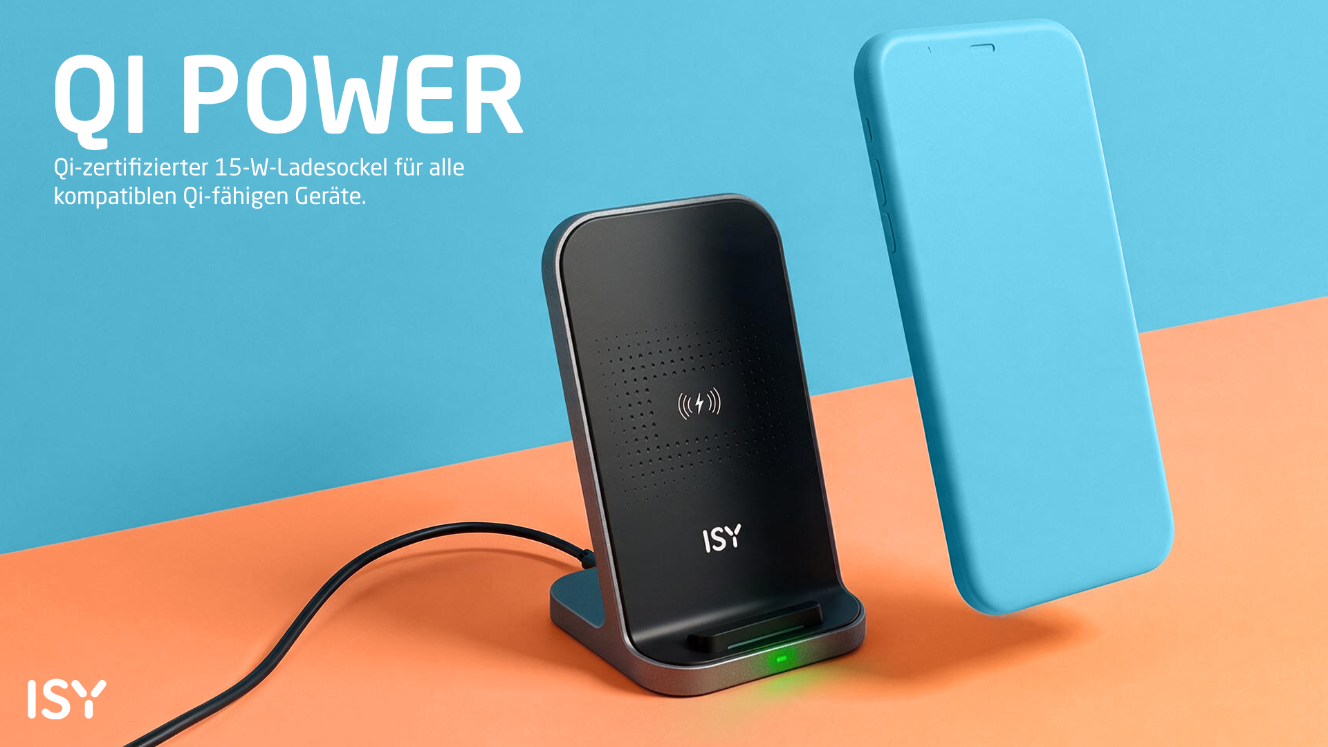 Schwarze kabellose Qi-Ladestation mit blauem Smartphone auf orangefarbenem und blauem Hintergrund.