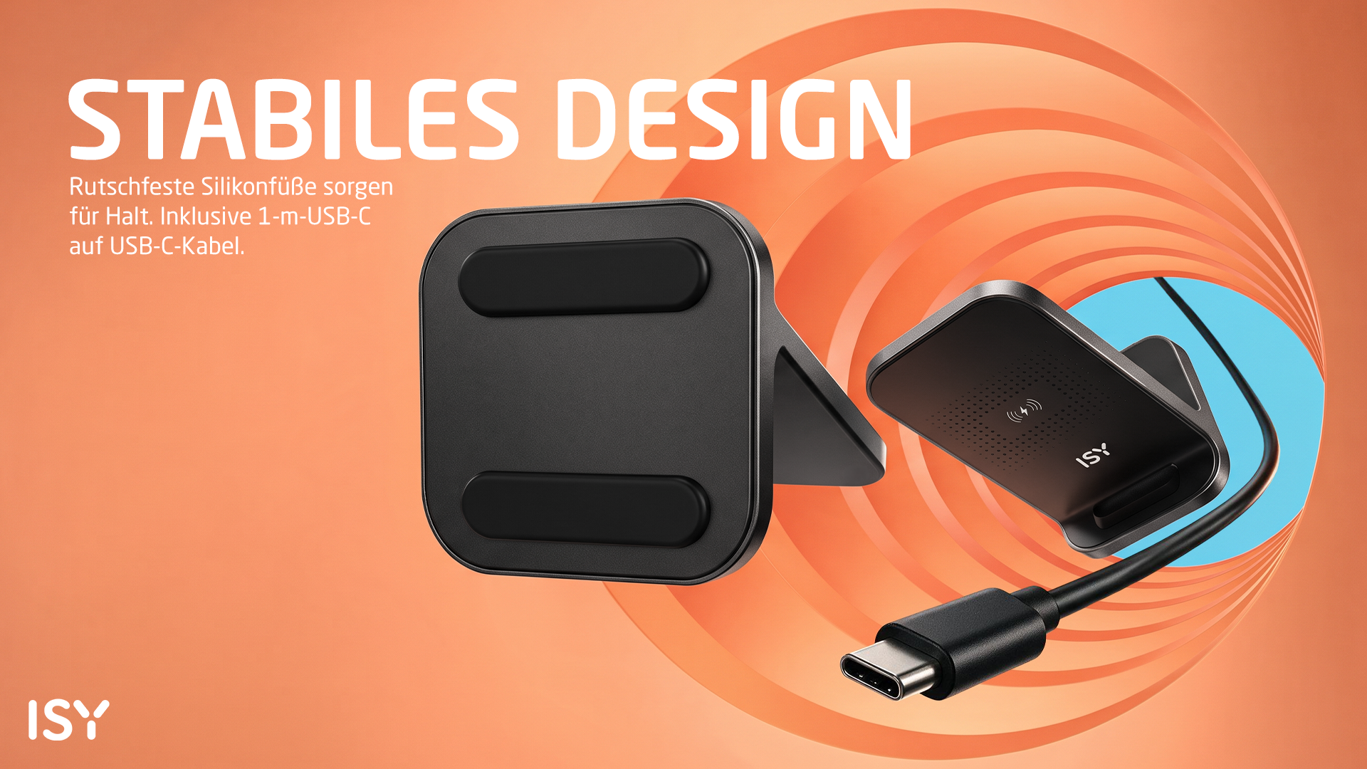 Schwarze kabellose Ladestation mit rutschfesten Gummifüßen und USB-C-Kabel auf orangefarbenem Hintergrund.