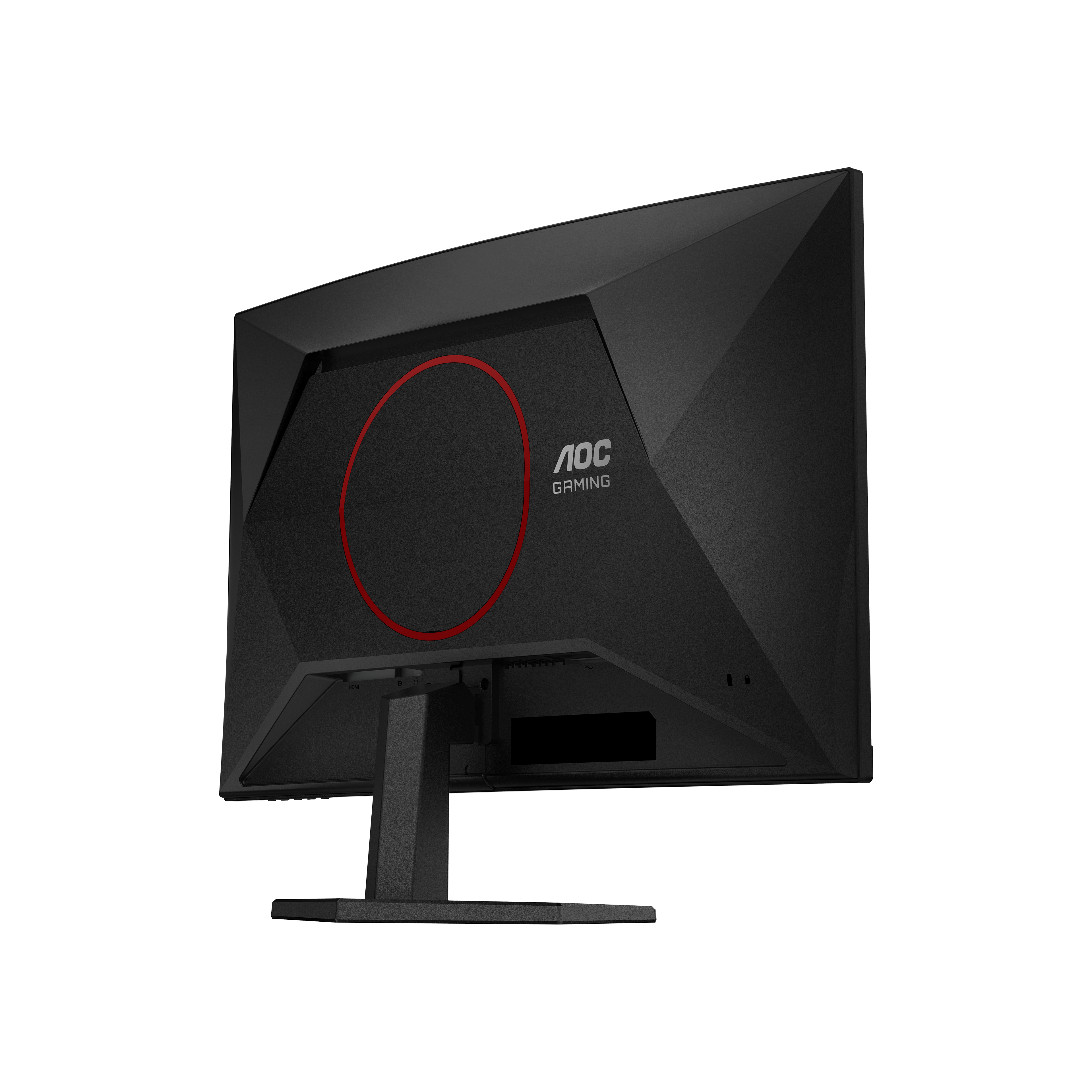 Rückansicht eines schwarzen AOC Gaming-Monitors mit einem roten Kreis auf der Rückseite.