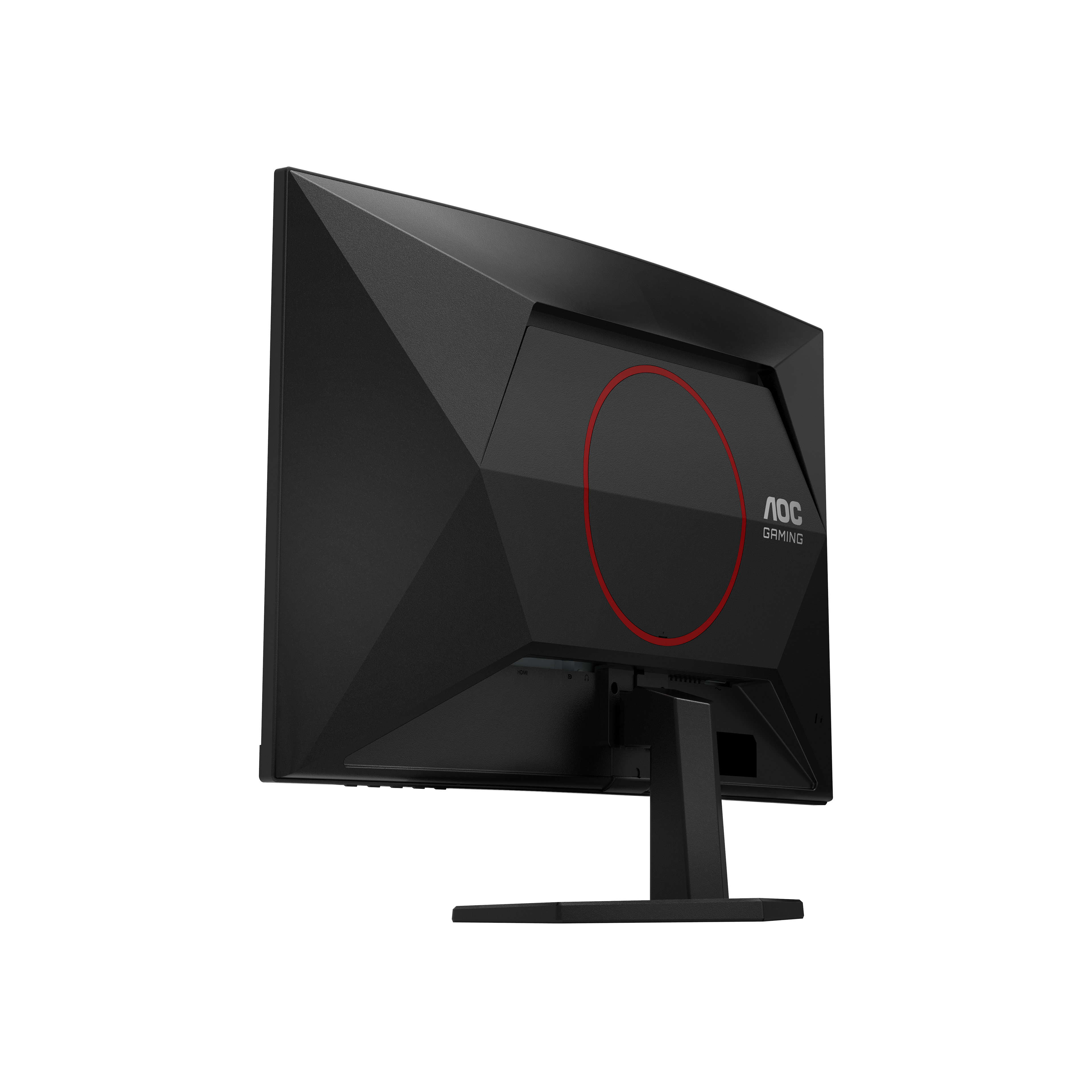 Rückseite eines schwarzen AOC Gaming-Monitors mit einem roten Kreis und einem Standfuß vor schwarzem Hintergrund.
