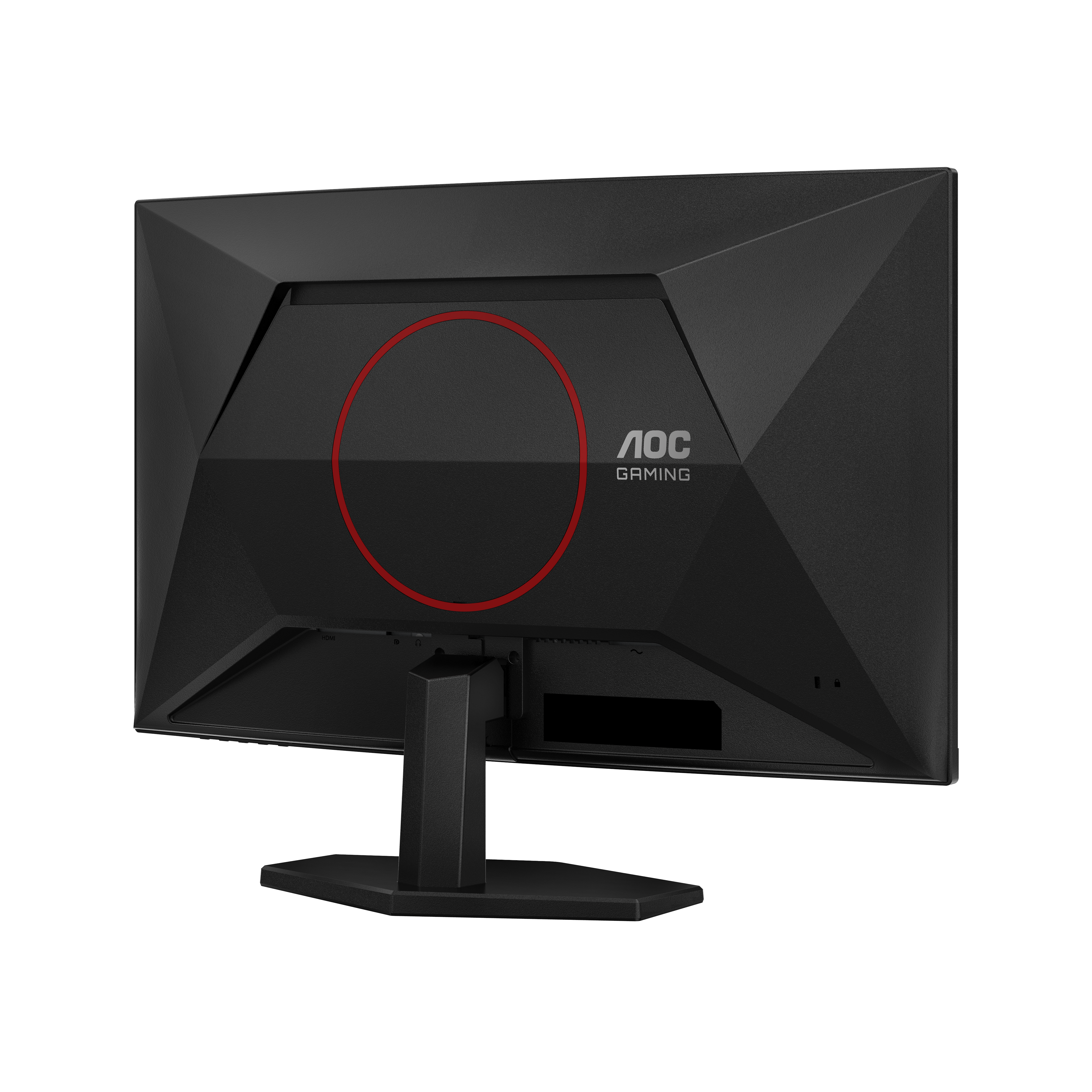 Rückseite eines schwarzen AOC Gaming-Monitors mit rotem Kreis und eckigem Design auf schwarzem Hintergrund.