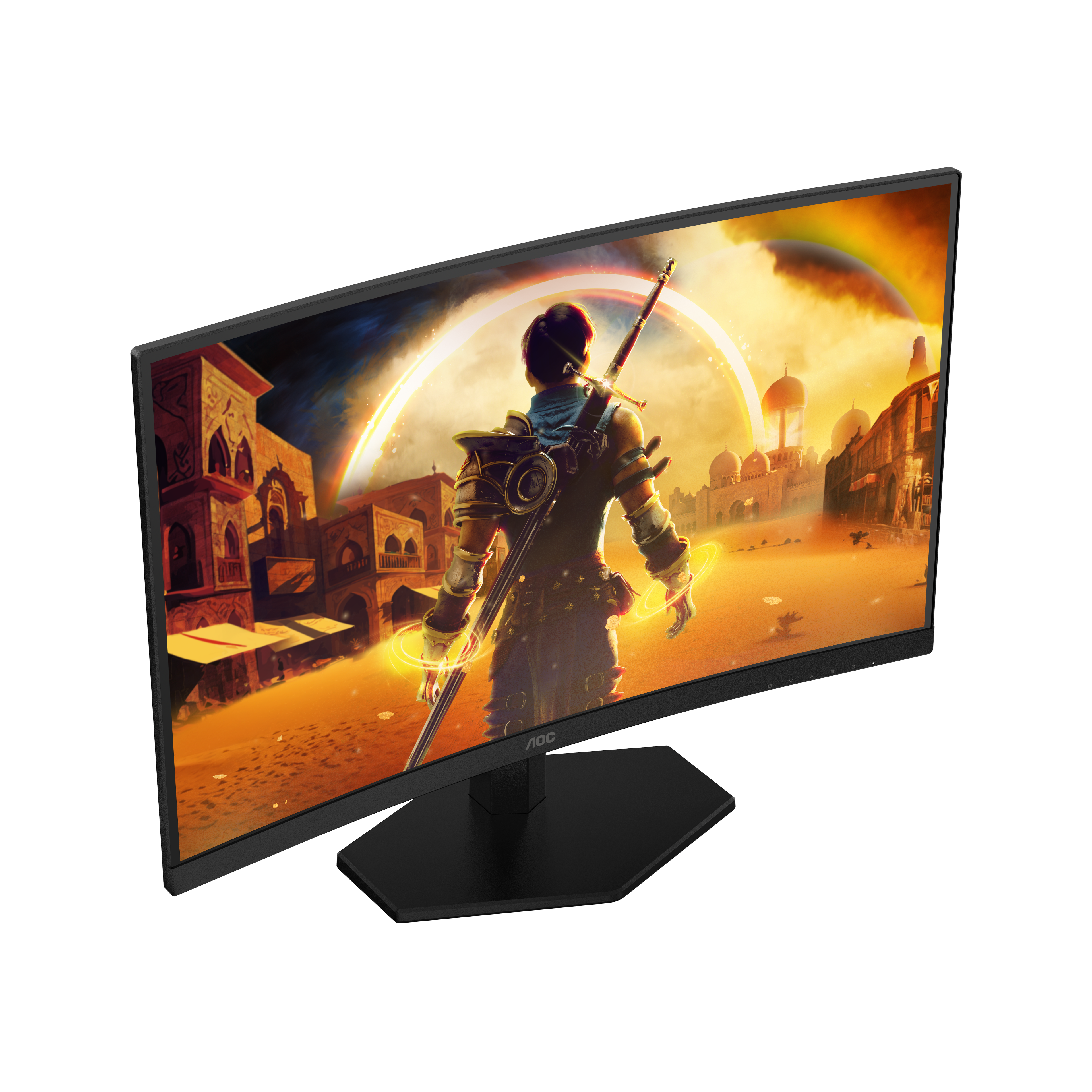 Ein AOC-Gaming-Monitor zeigt eine Fantasy-Szene mit einem Schwertkämpfer vor einer Wüstenstadt.