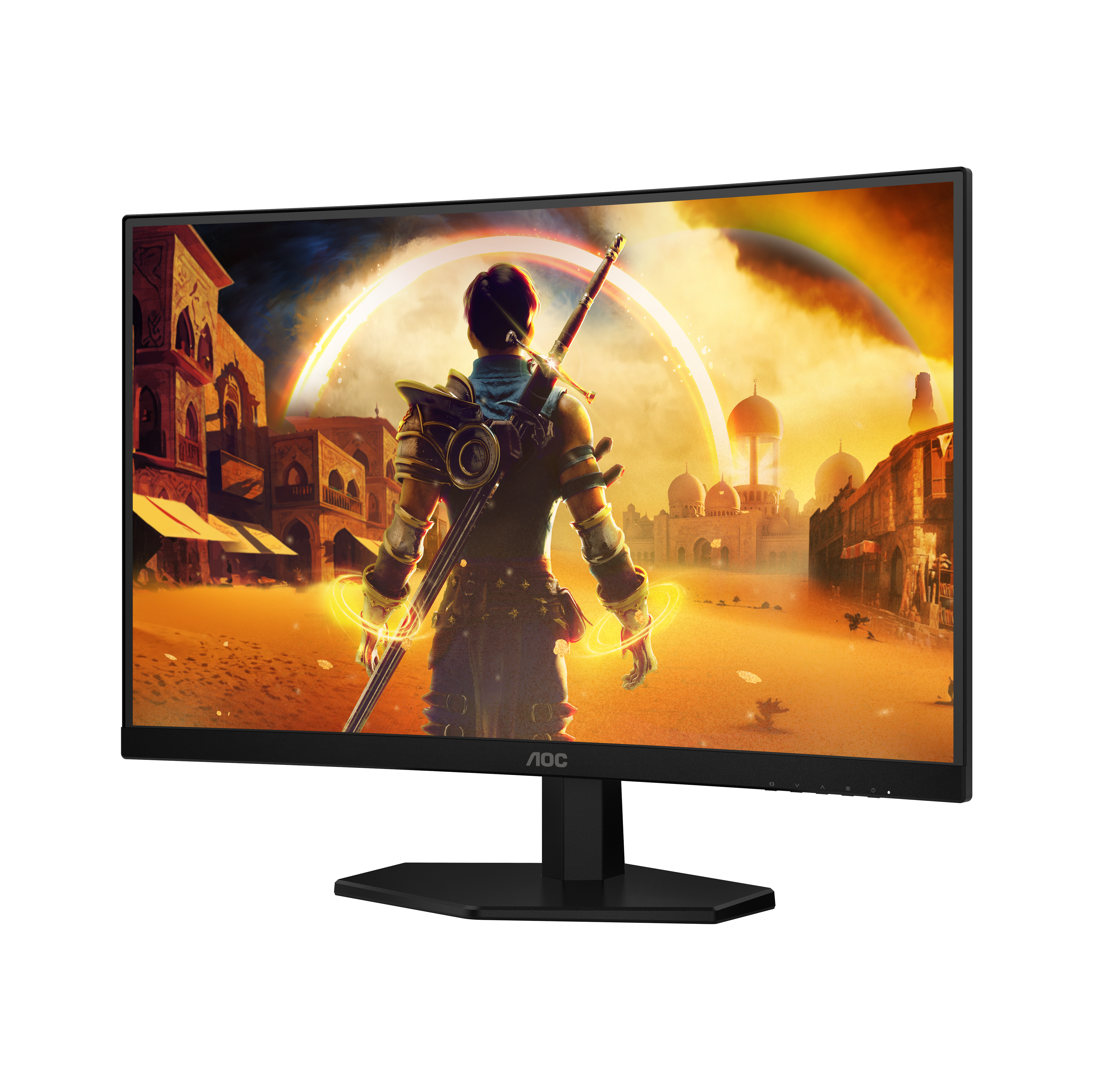 Ein gebogener AOC-Monitor zeigt eine Fantasy-Heldin vor einer Wüstenstadt mit goldenem Licht.