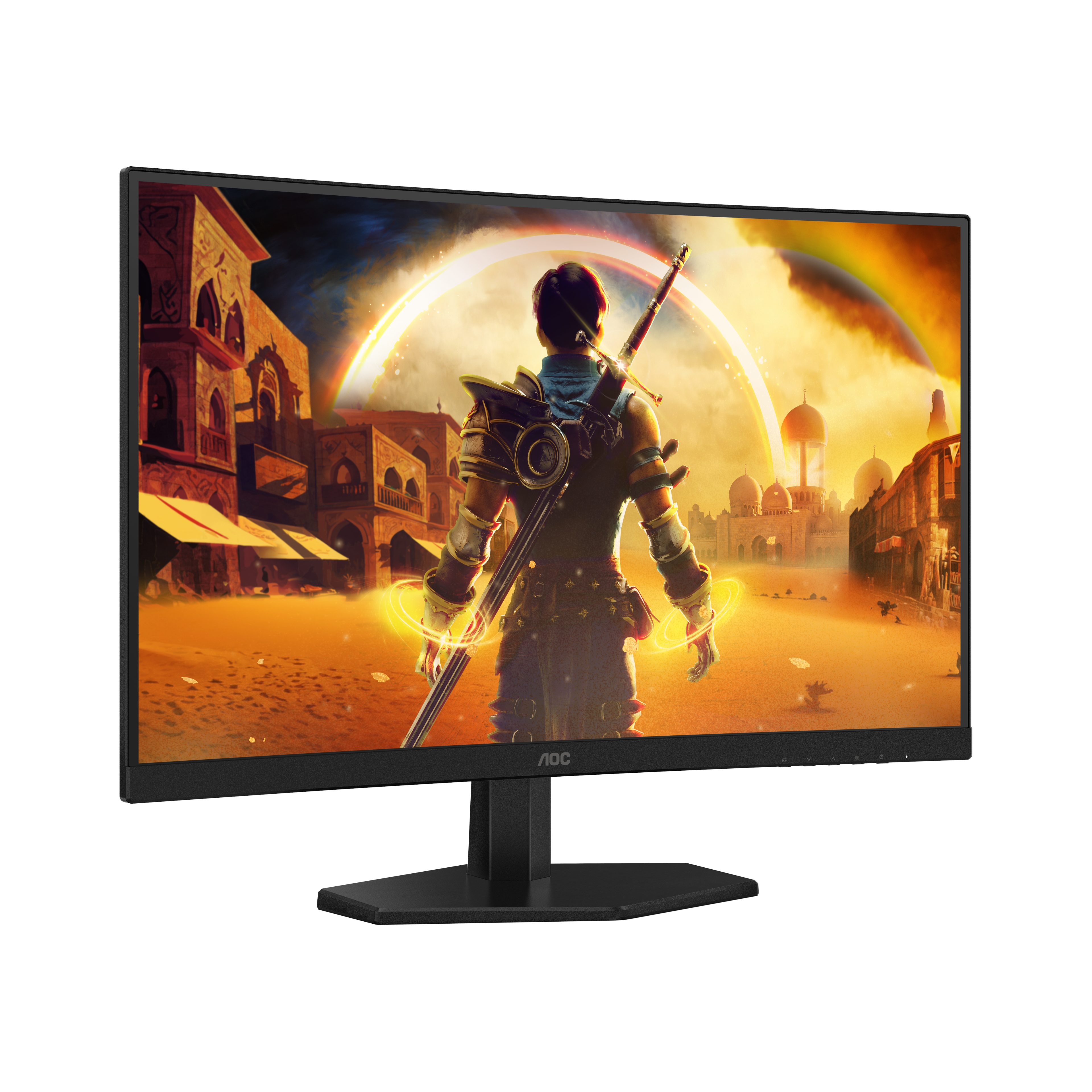 Ein AOC-Gaming-Monitor zeigt eine Fantasy-Heldenszene mit einer Stadt und goldenem Licht.
