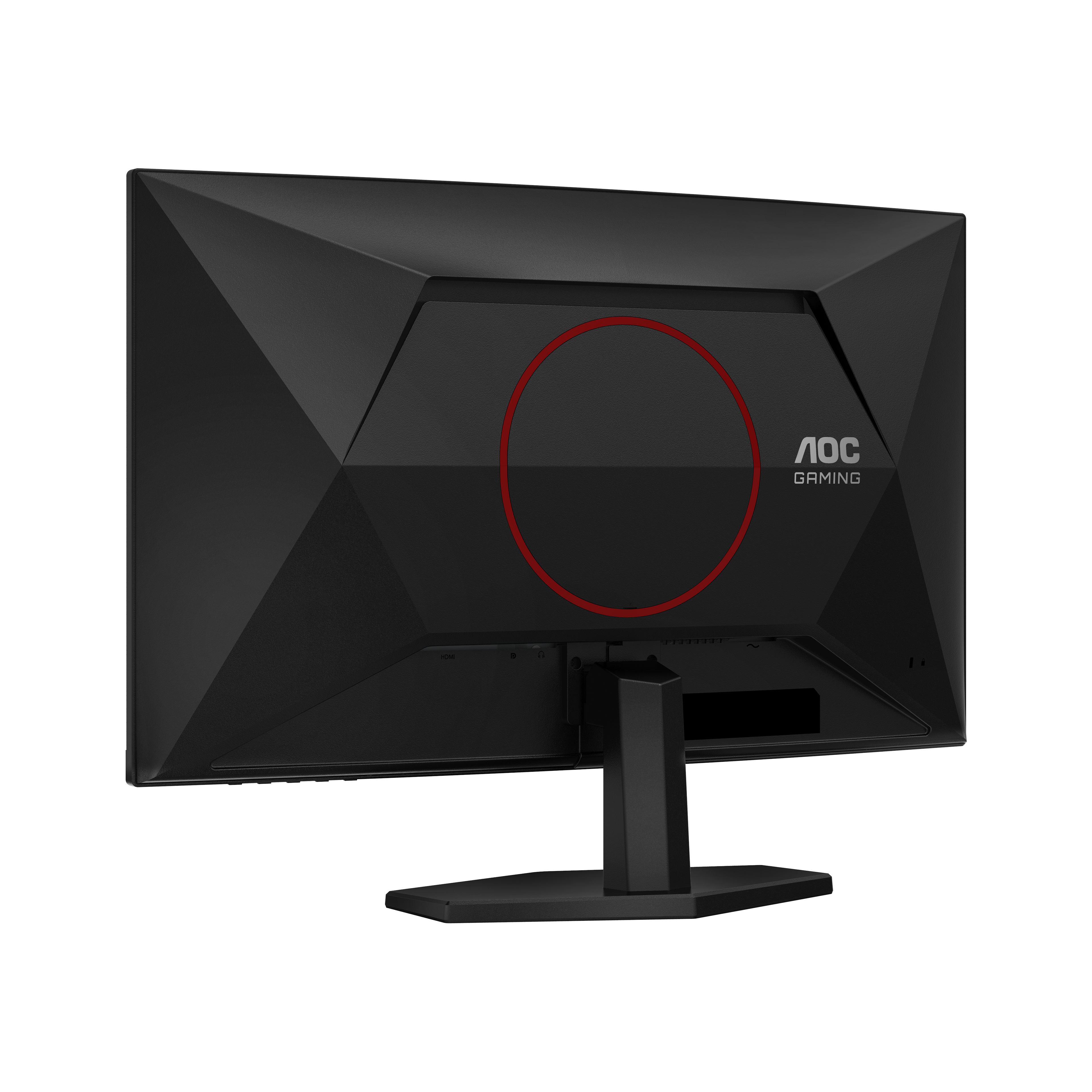 Die Rückseite eines schwarzen AOC Gaming-Monitors mit rotem Kreisdesign auf dem Gehäuse.