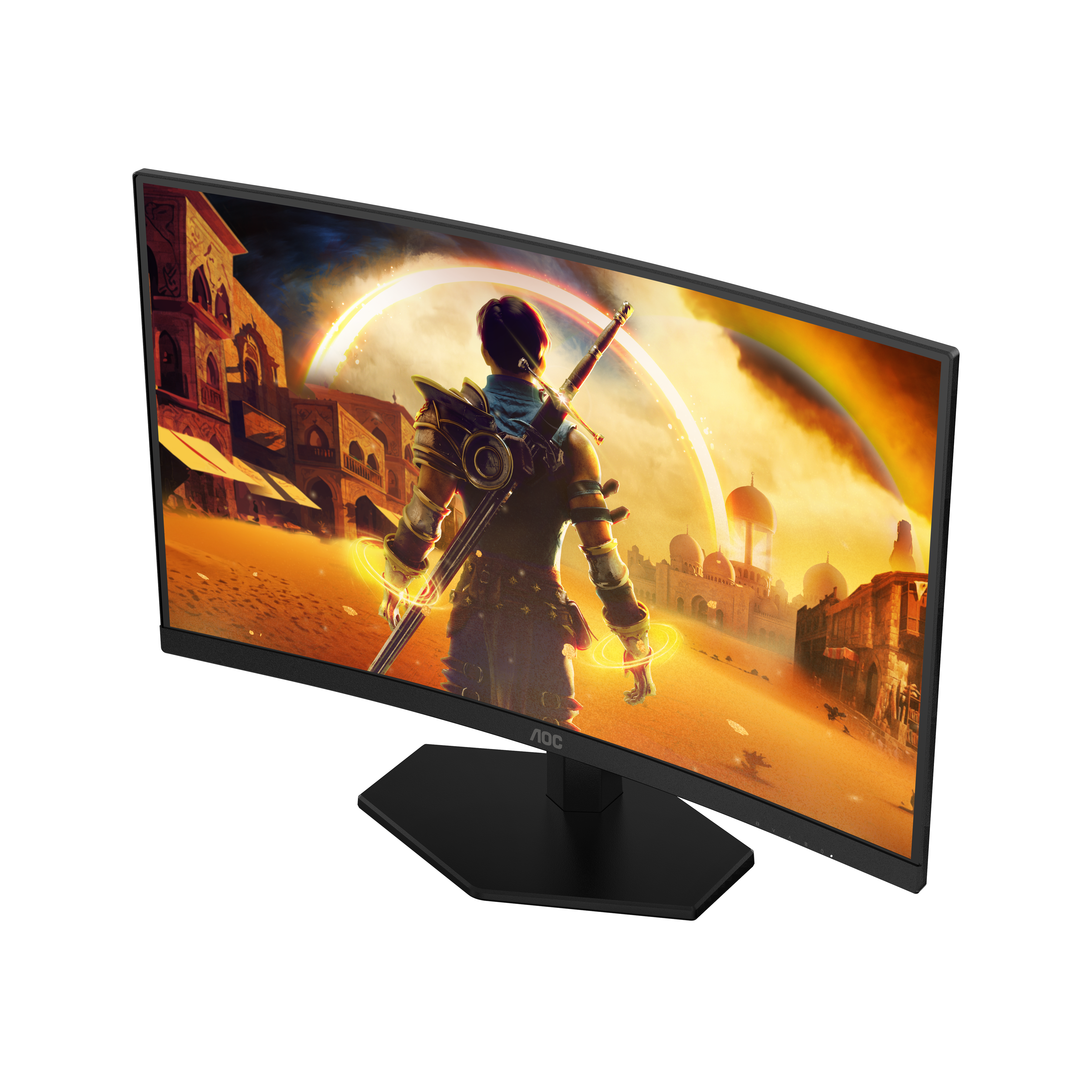 Ein schwarzer, gebogener AOC-Gaming-Monitor zeigt eine Fantasy-Figur über einer Wüstenstadt bei Sonnenuntergang.