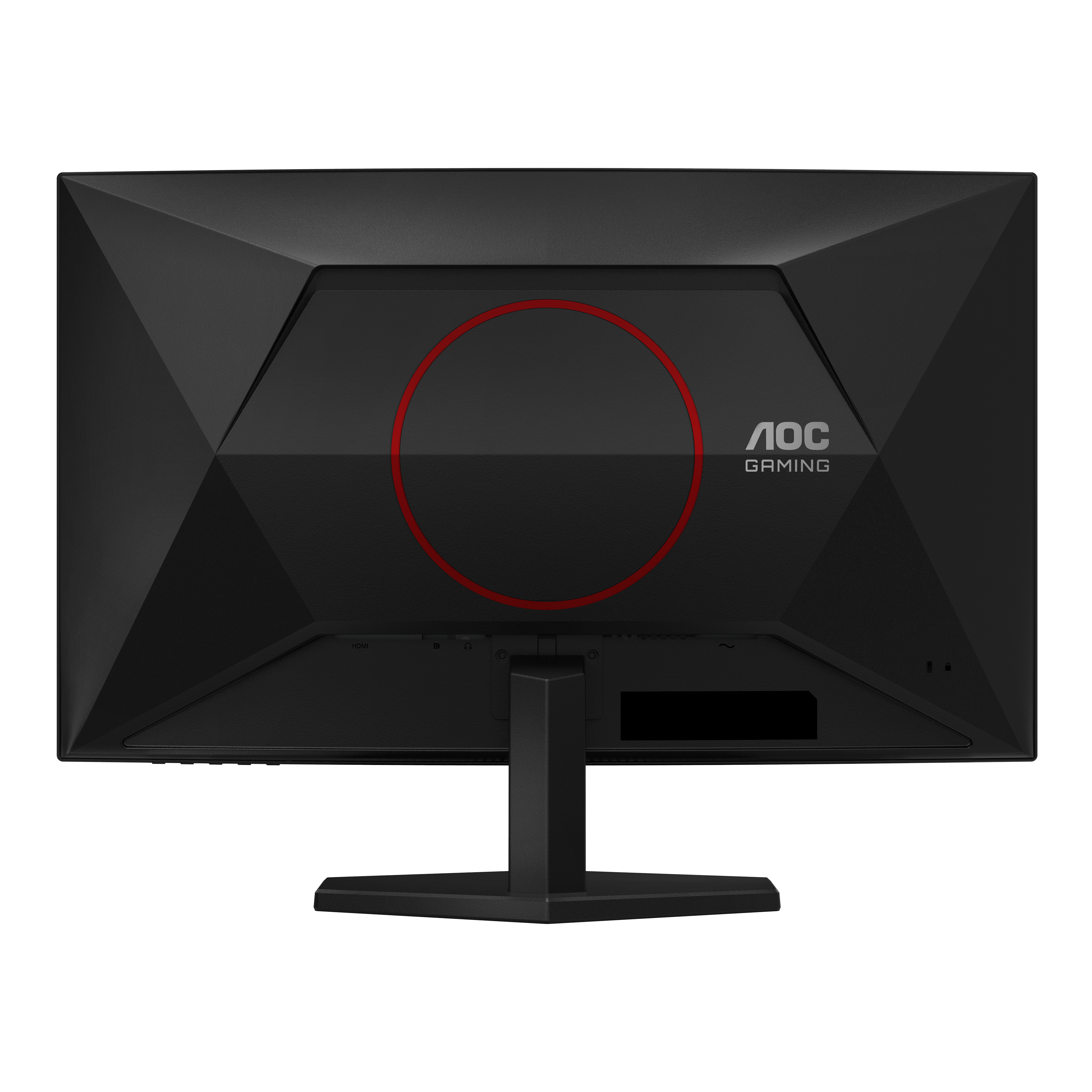 Rückansicht eines schwarzen AOC Gaming-Monitors mit einem roten Kreis auf der geformten Rückseite.