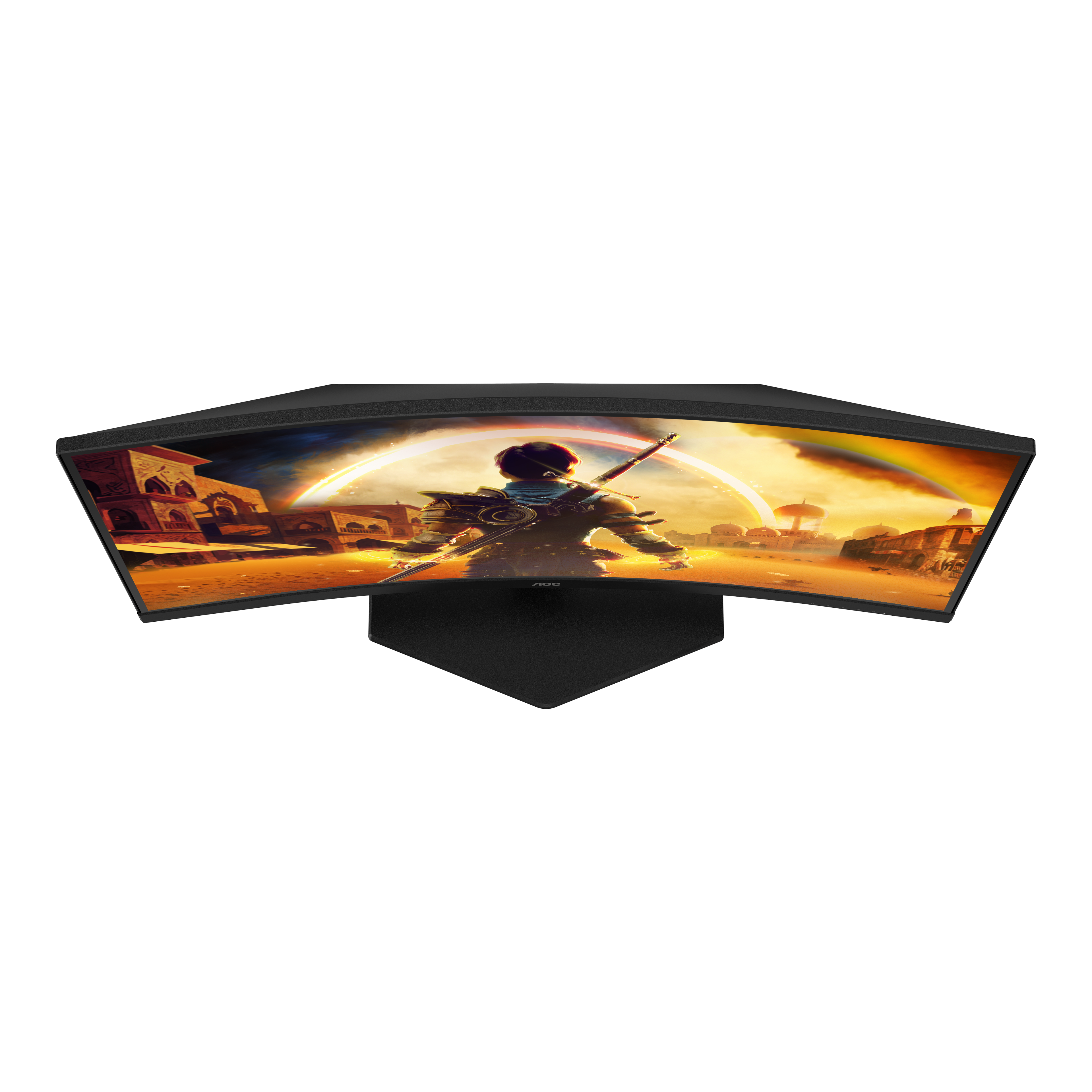 Ein gebogener AOC-Gaming-Monitor zeigt eine Fantasy-Heldin in einer warmen Wüstenlandschaft vor schwarzem Hintergrund.