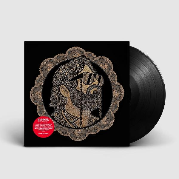 Schwarzes Vinyl-Album mit goldener Grafik eines bärtigen Mannes mit Sonnenbrille und Zierrahmen.