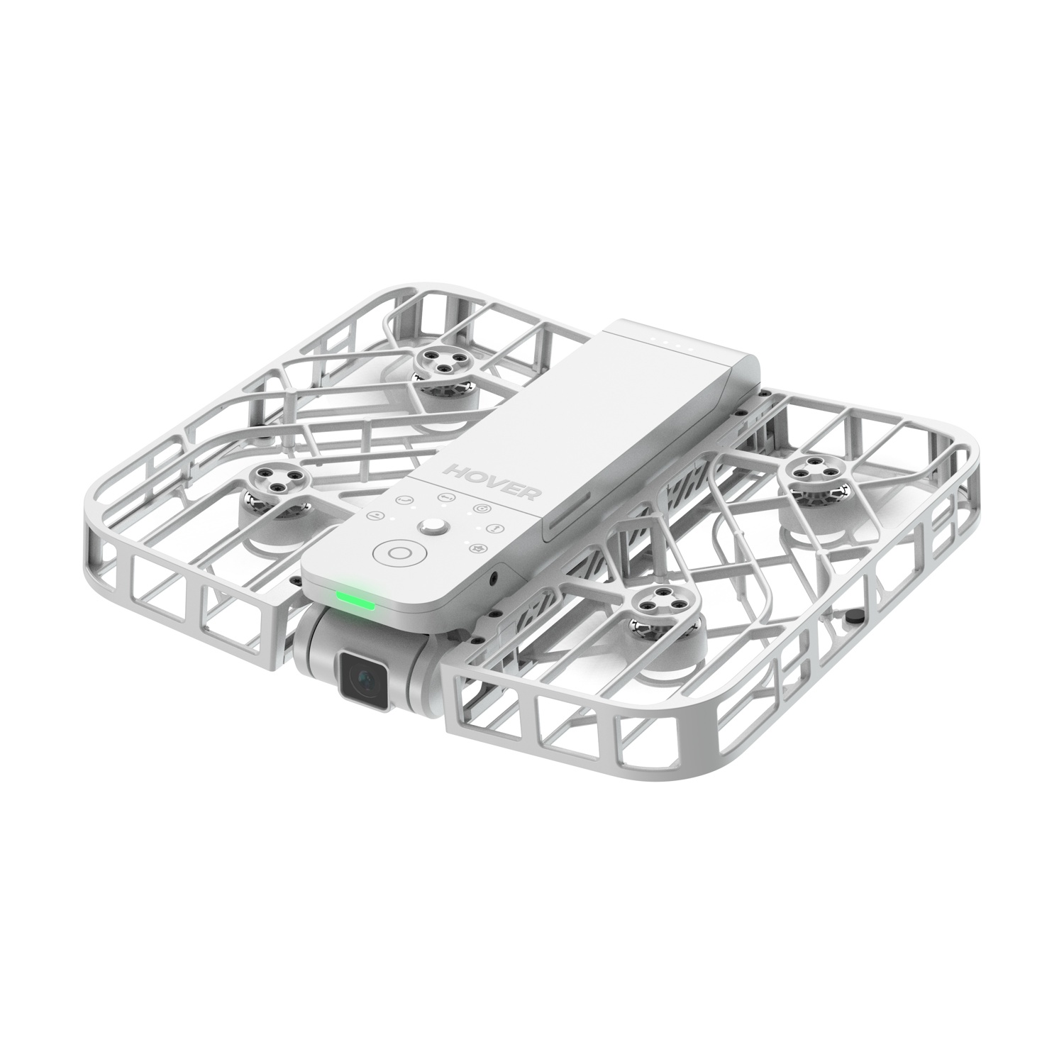 Un drone Hover bianco con protezioni per eliche integrate e una fotocamera frontale su sfondo bianco.