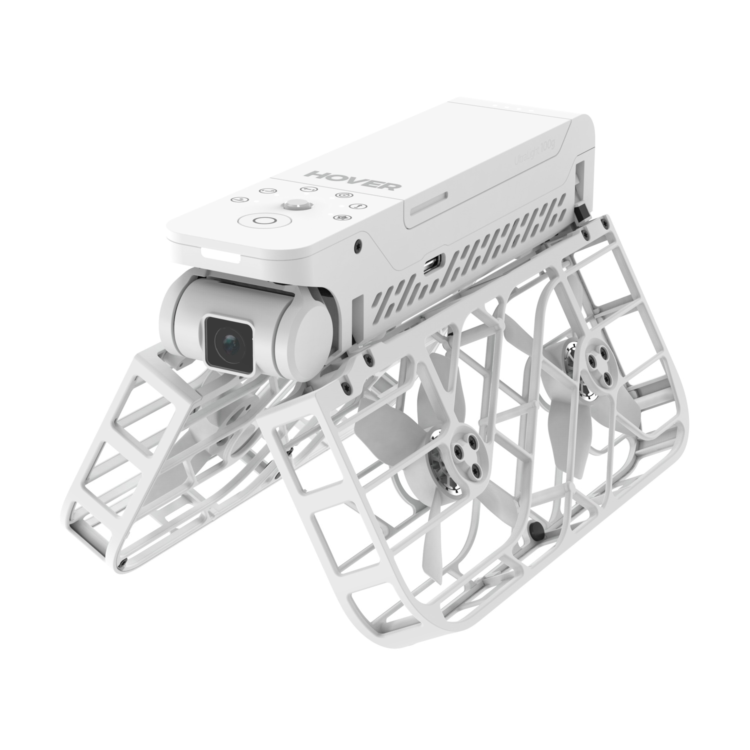 Un drone Hover bianco con fotocamera integrata e protezioni per eliche su sfondo bianco.