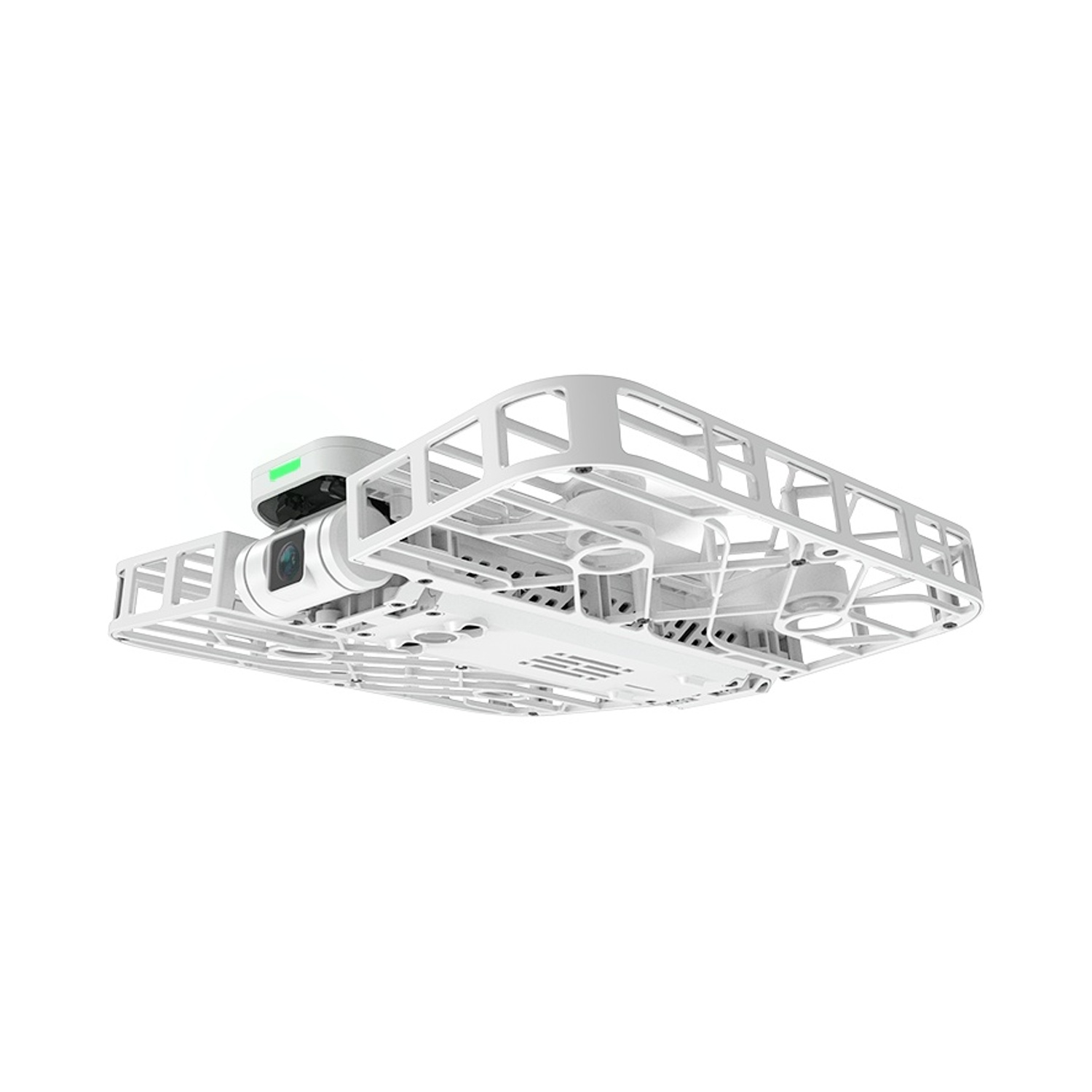 Un drone bianco con gabbia protettiva e telecamera integrata su sfondo bianco.