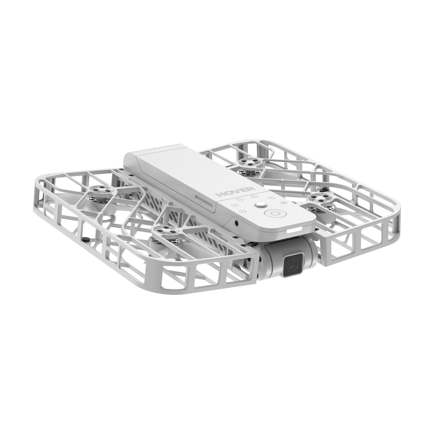 Un drone Hover bianco con gabbie di protezione per eliche integrate e fotocamera frontale.