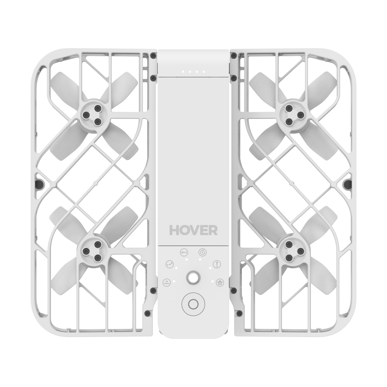 Un drone Hover bianco con gabbie protettive attorno alle quattro eliche e un'unità di controllo centrale.