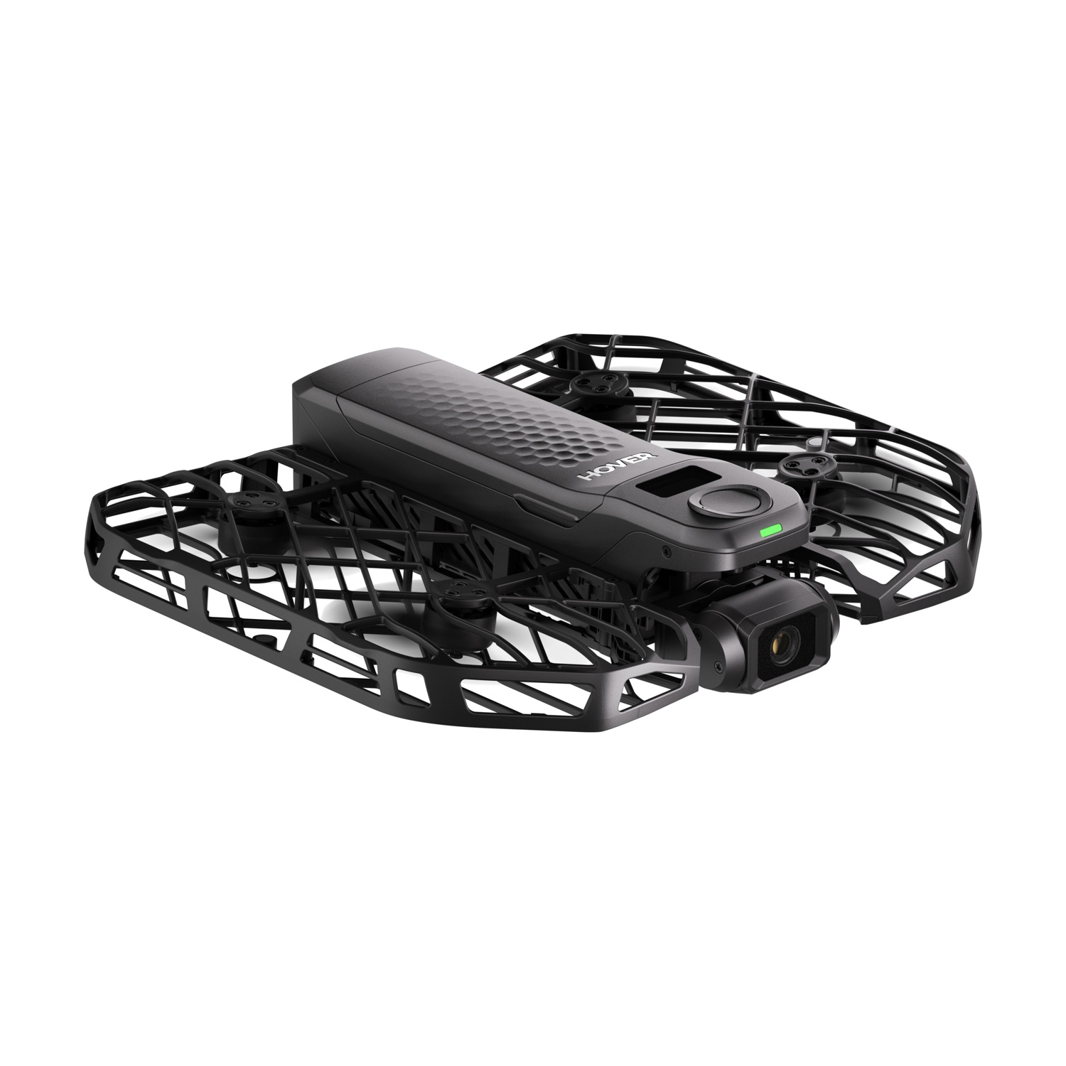 Un drone nero compatto con protezioni per eliche integrate e una telecamera frontale su sfondo bianco.