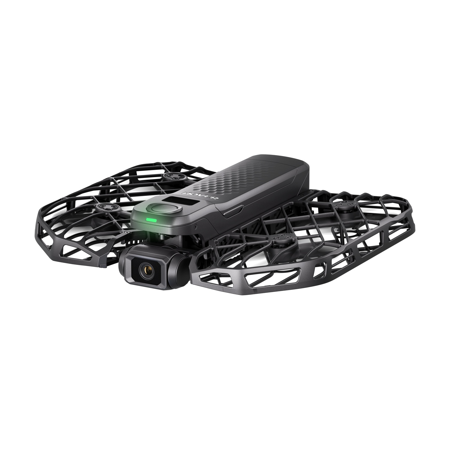Un piccolo drone nero con protezioni per eliche e una telecamera frontale su sfondo bianco.