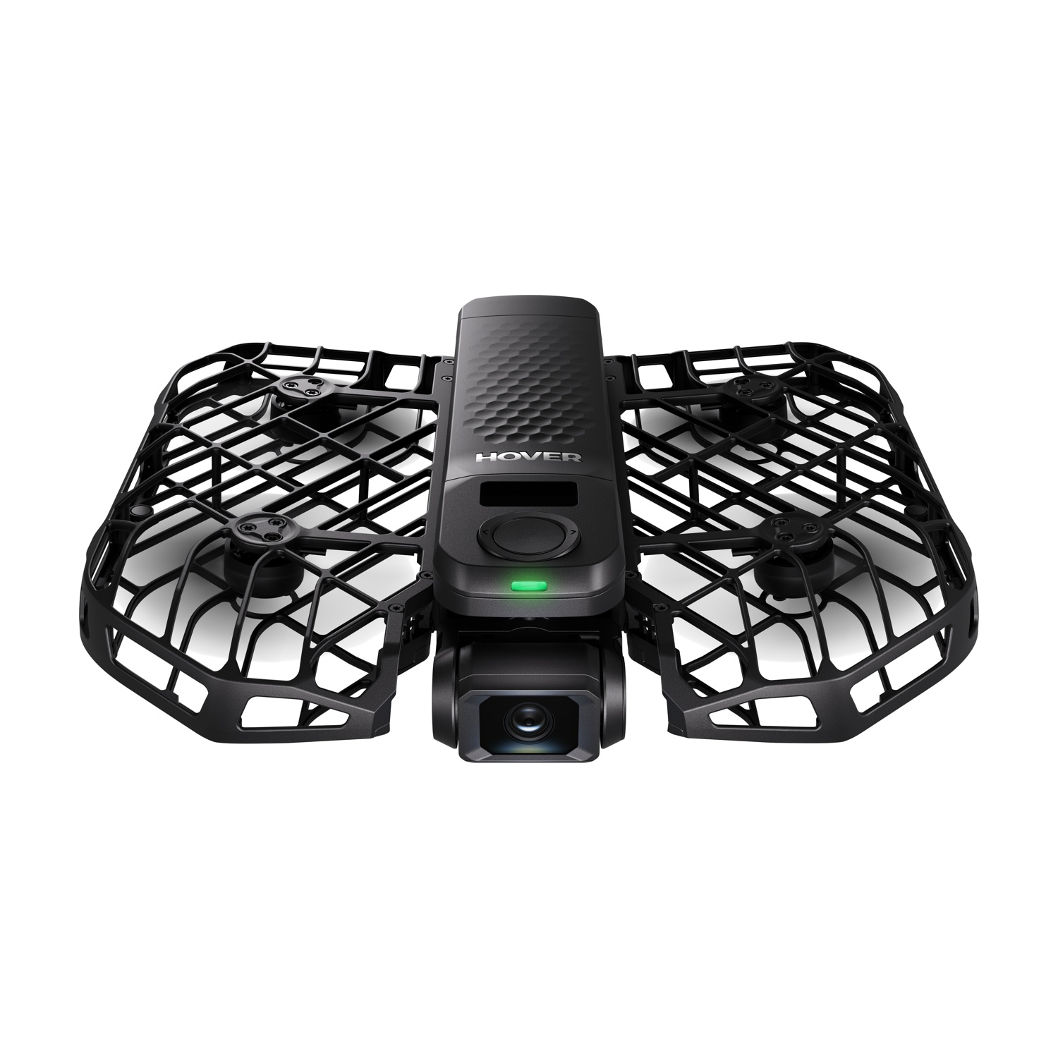 Un drone Hover nero con gabbie protettrici e fotocamera frontale su sfondo bianco.