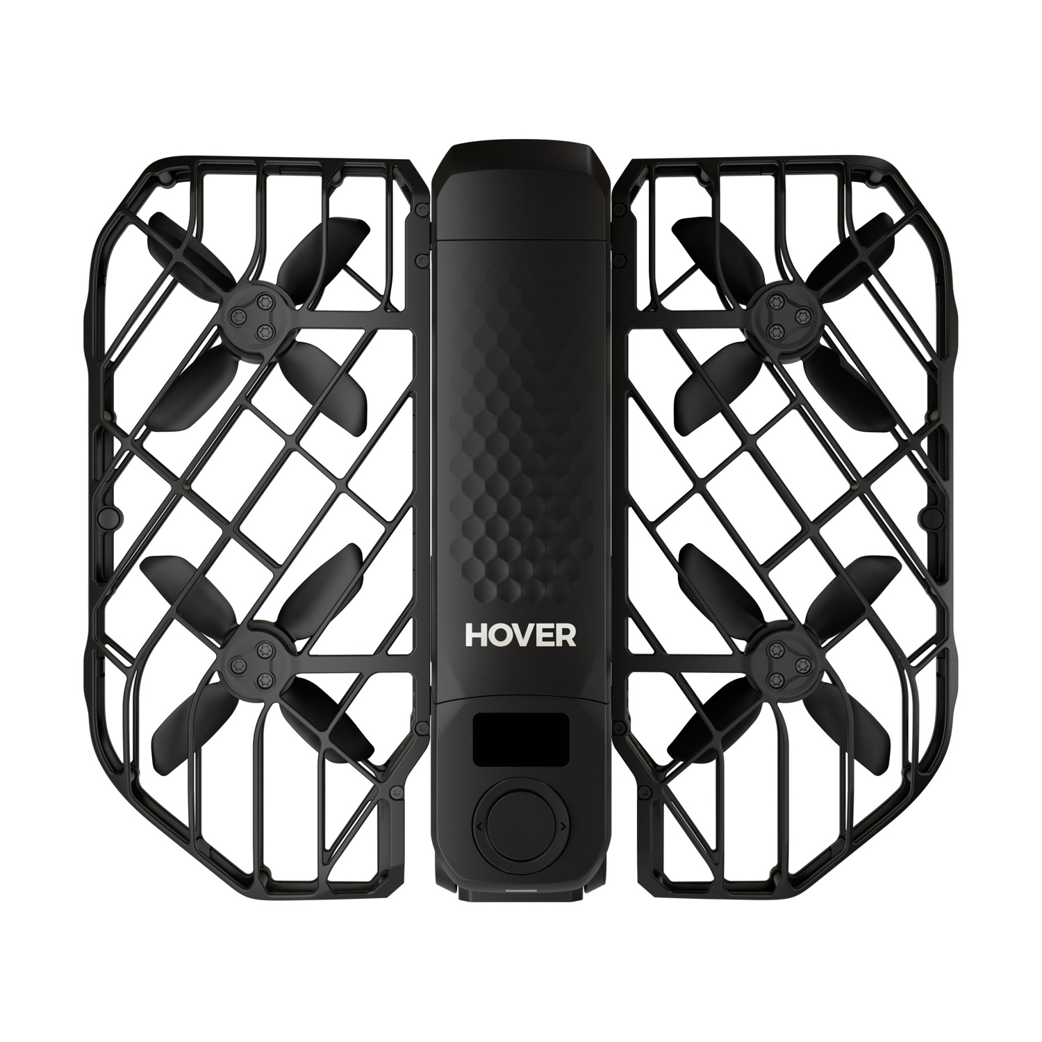 Drone Hover nero visto dall'alto con quattro eliche e gabbie di protezione su sfondo bianco.