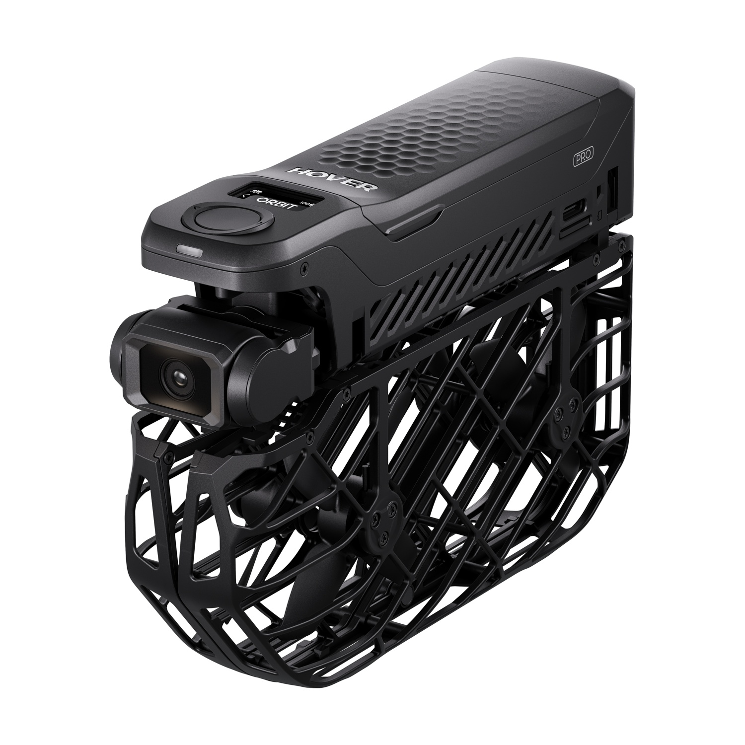 Drone HoverAir Pro nero con gabbia protettiva e fotocamera.
