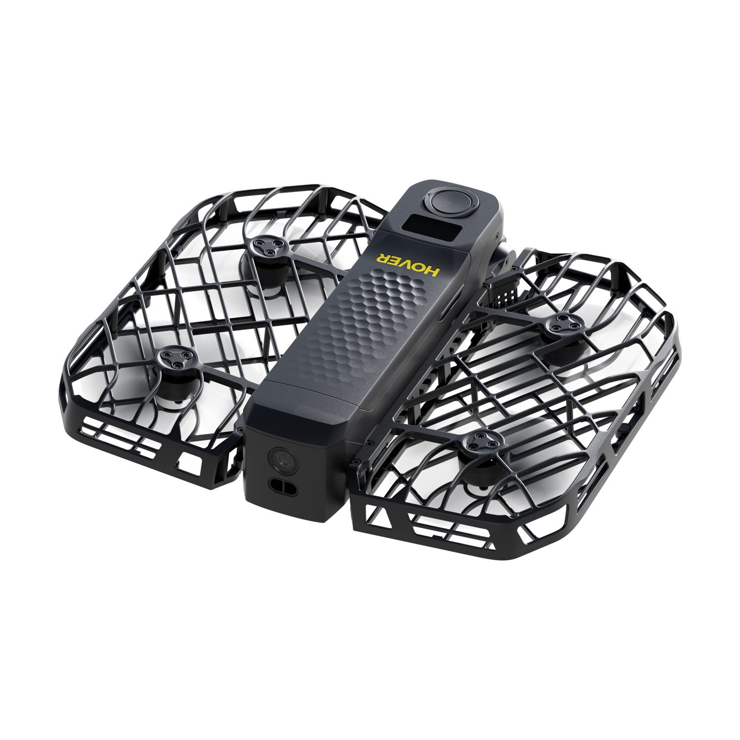 Drone pieghevole nero con protezioni e marchio Hover giallo su sfondo bianco.
