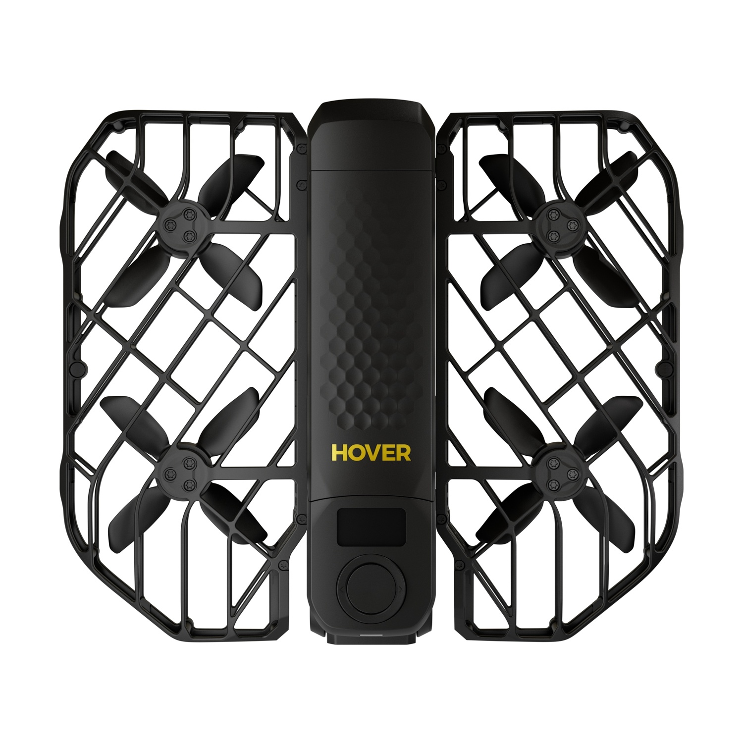 Drone Hover nero con protezioni per eliche integrate e logo giallo.