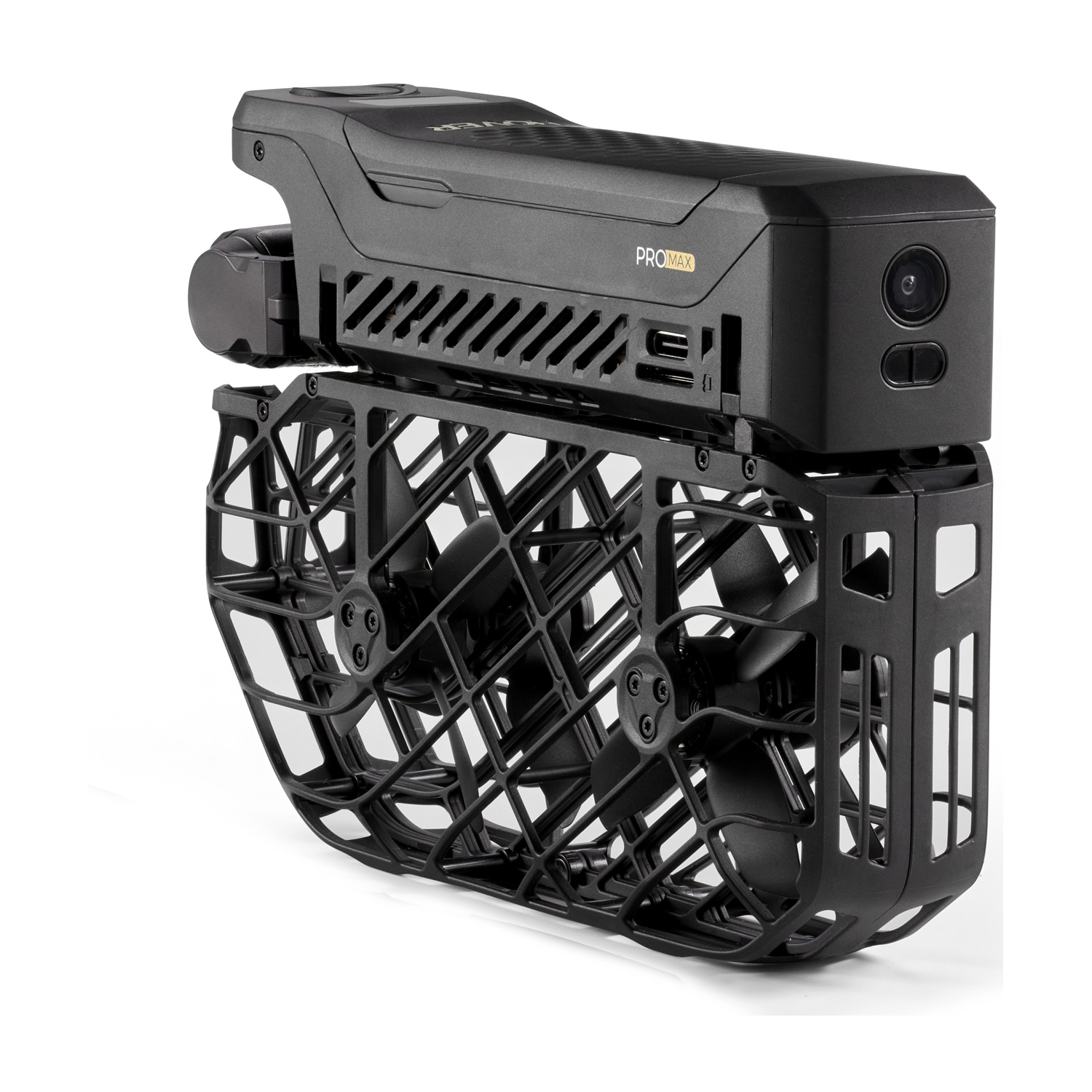 Drone ProMax nero con protezioni per eliche su sfondo bianco.