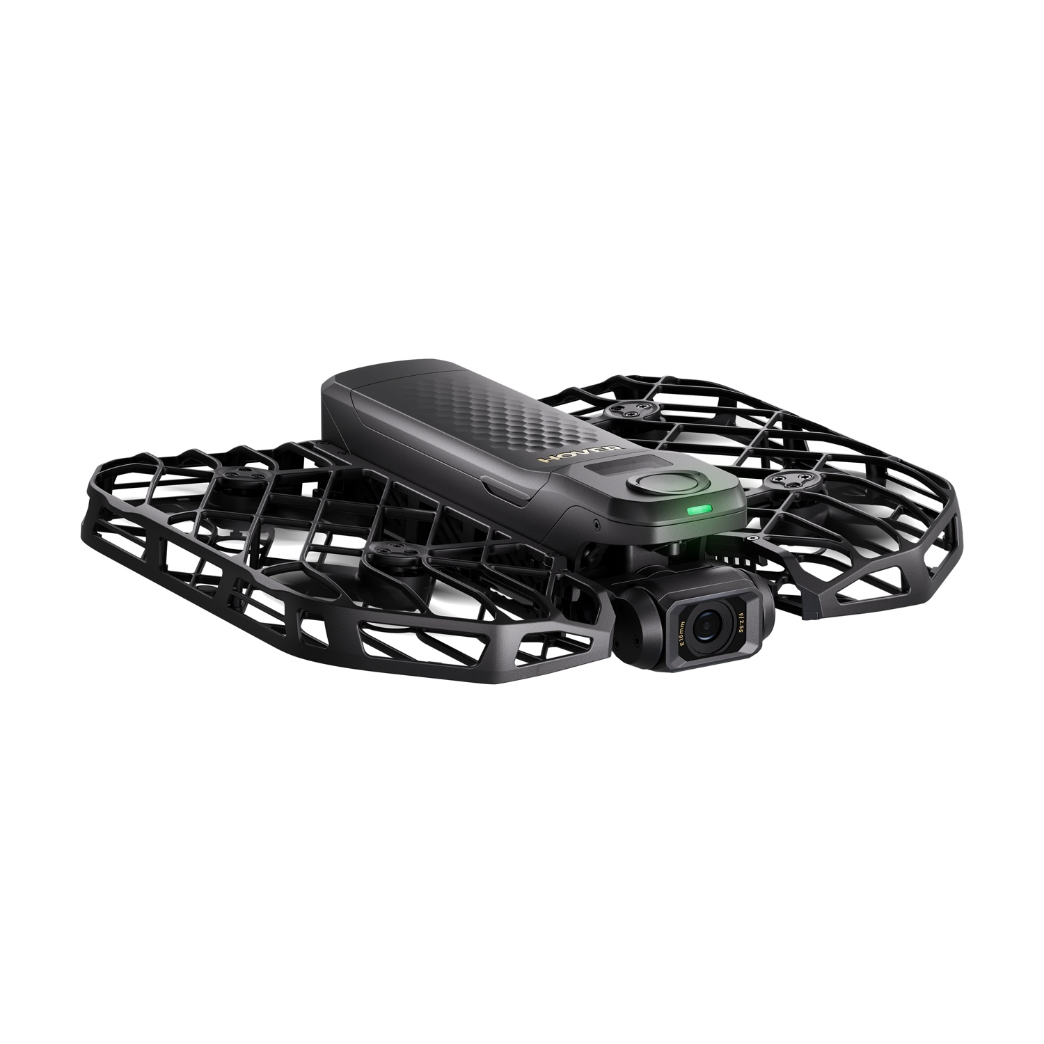 Un drone nero compatto con gabbie di protezione e telecamera frontale su sfondo bianco.