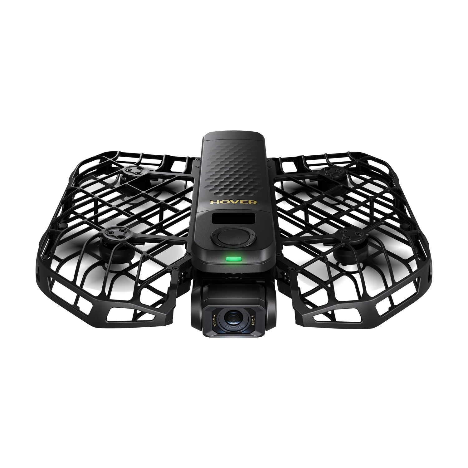 Un drone Hover nero con gabbie protettori e fotocamera frontale su sfondo bianco.