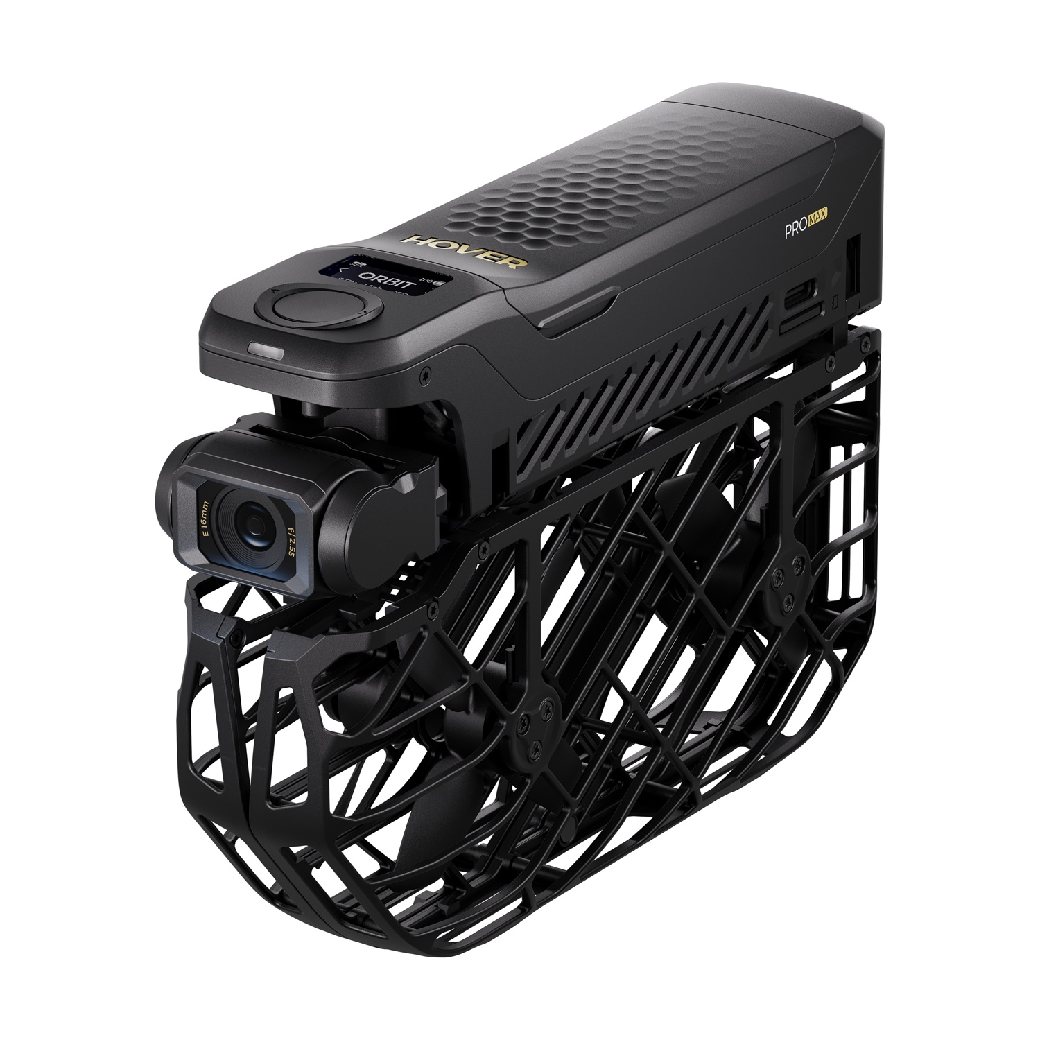 Drone nero HoverAir Promax con gabbia protettiva e fotocamera.