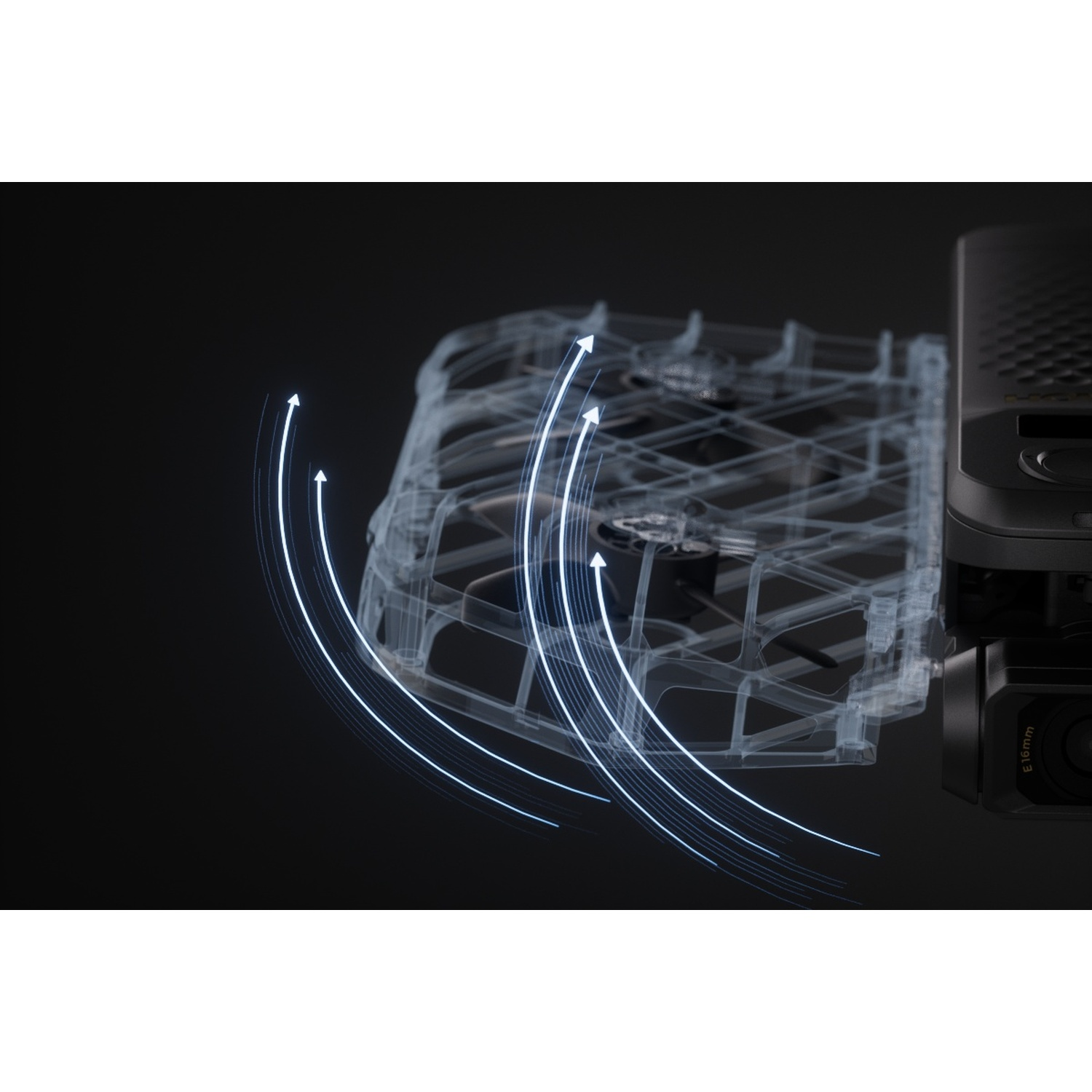 Una protezione per eliche di drone con telaio traslucido e linee di flusso d'aria luminoso su sfondo scuro.