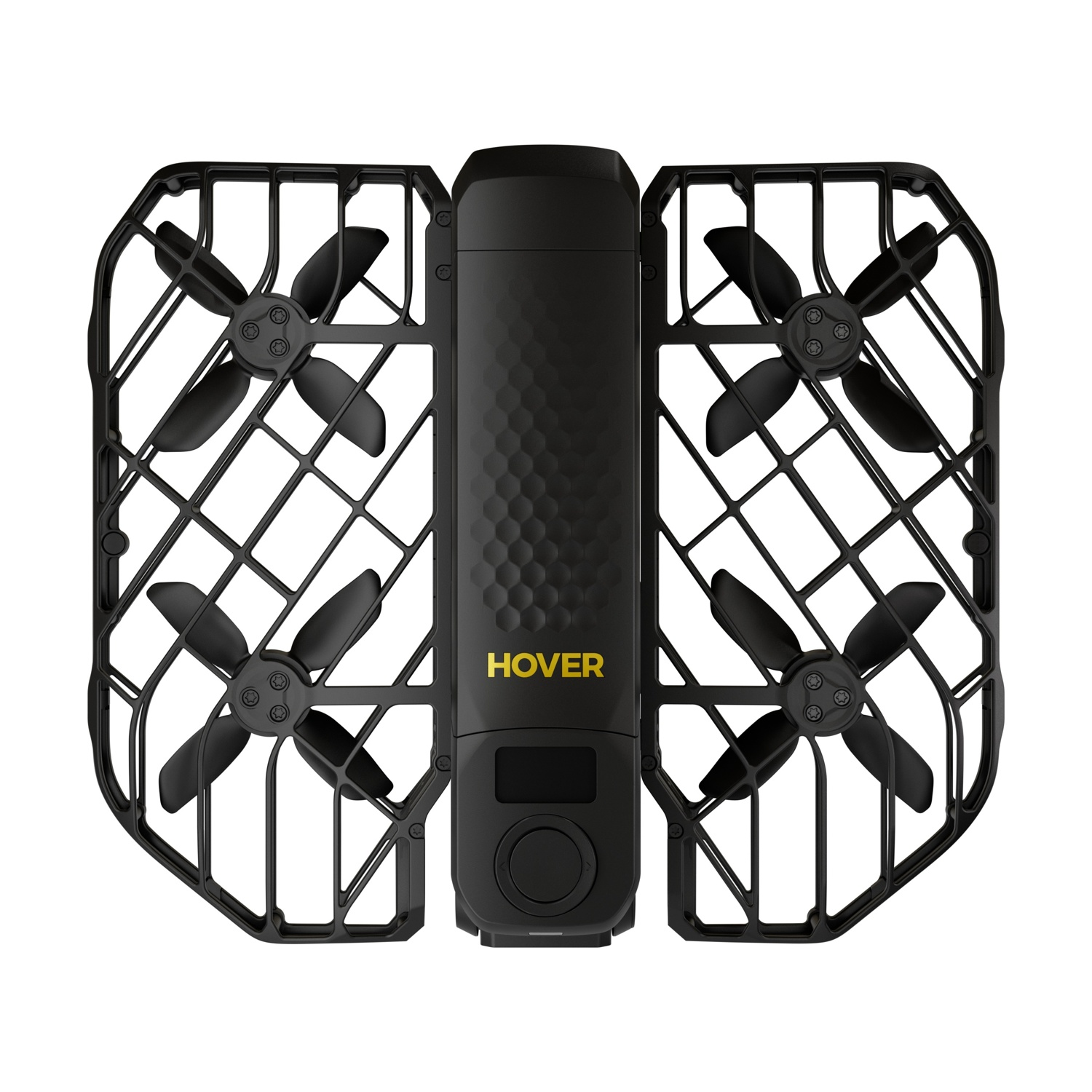 Drone Hover nero visto dall'alto con protezioni e quattro rotori.