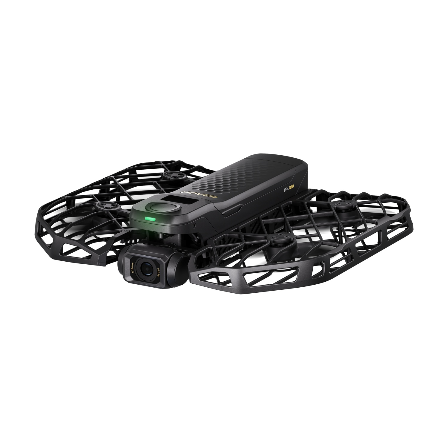 Un drone nero con protezioni e una telecamera frontale su sfondo bianco.
